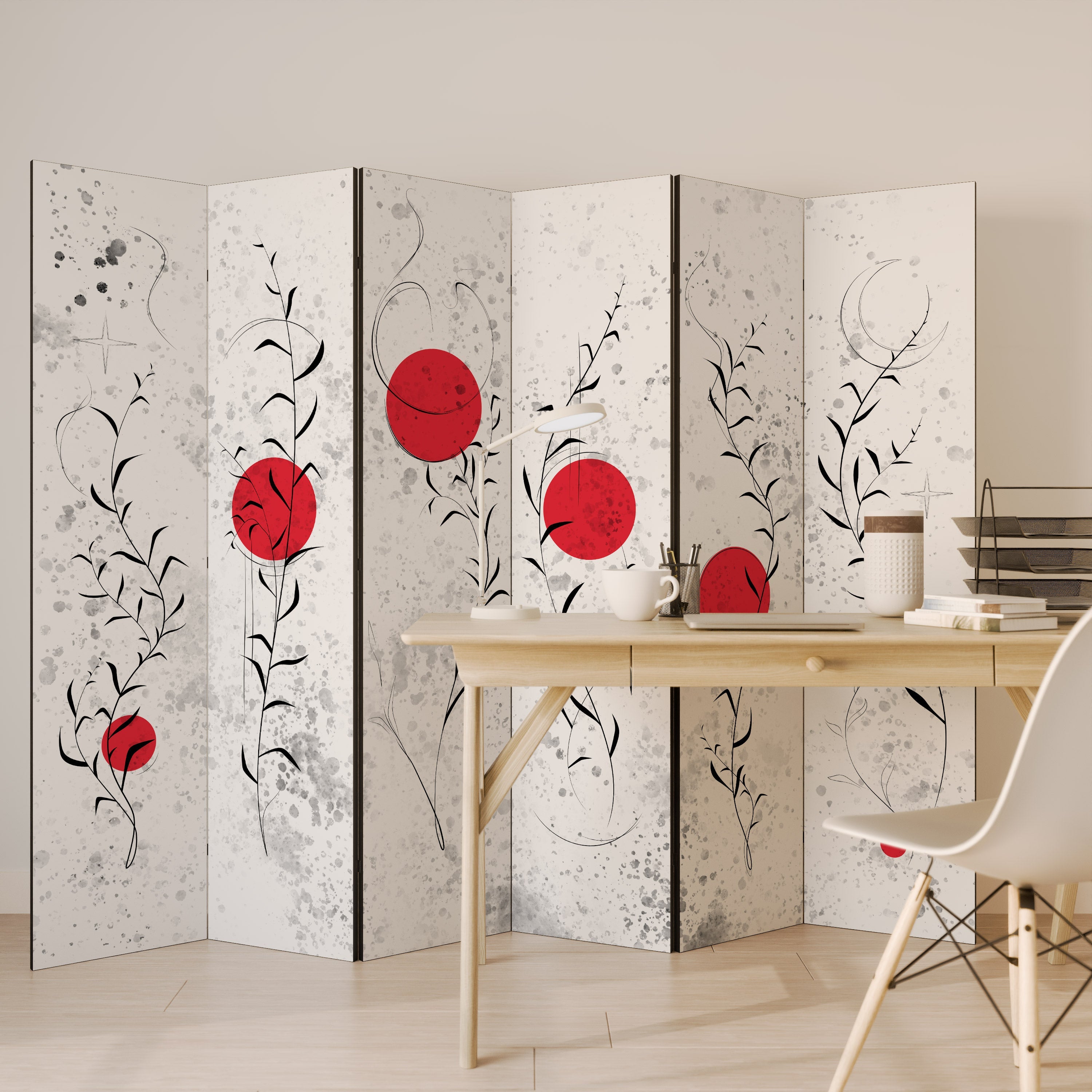 Dekorativ rumsavdelare med 6 paneler, RED WHISPERS IN FOLIAGE