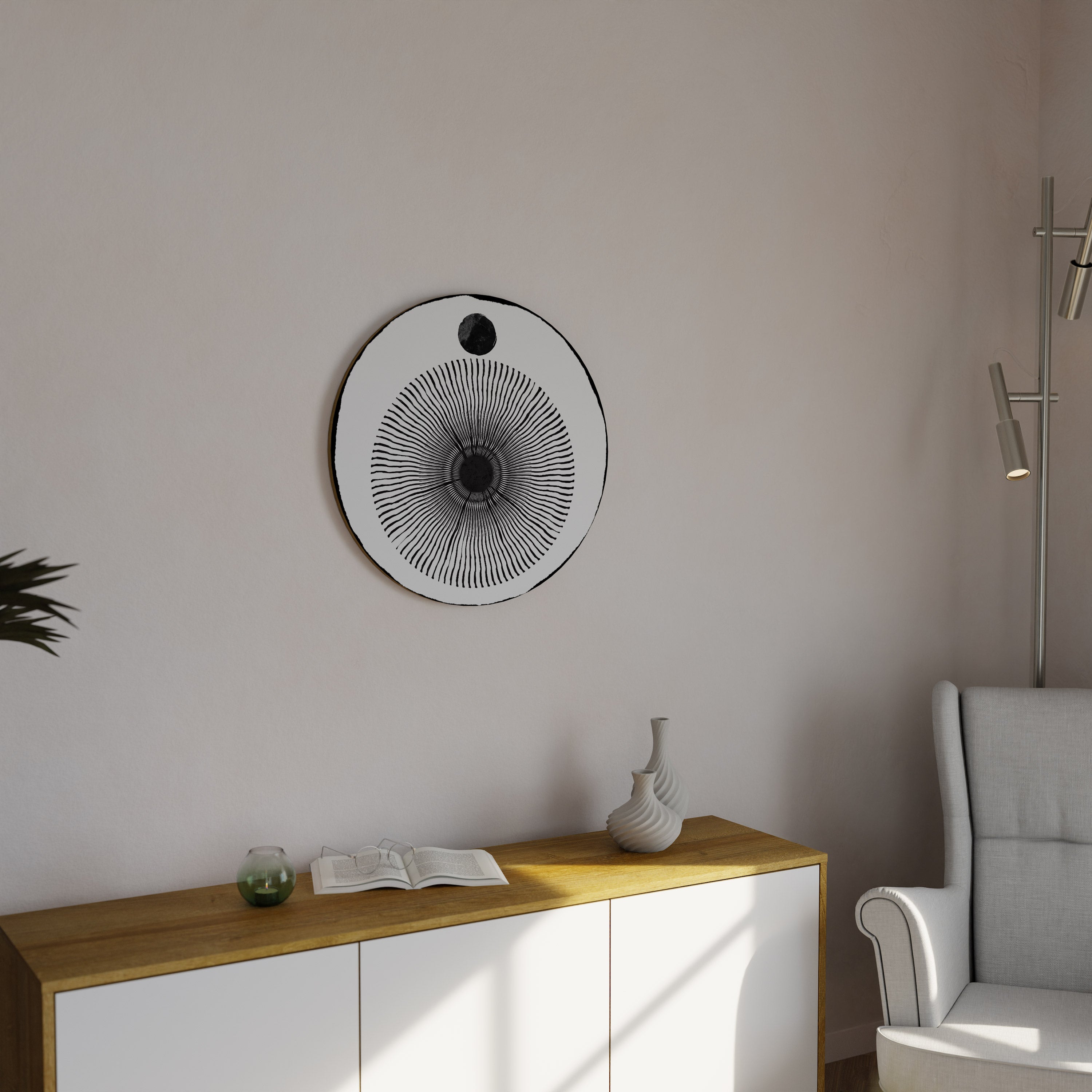 Rund väggkonst med mörkret kommer