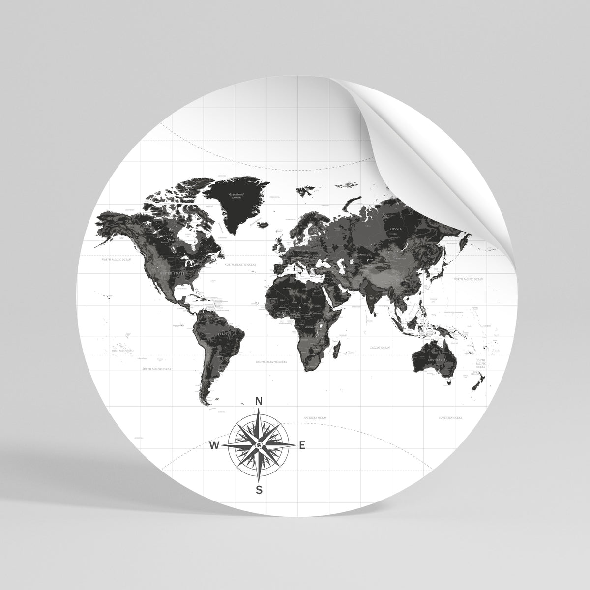 MONOCHROME EARTH MAP Peel and Stick Round Sticker