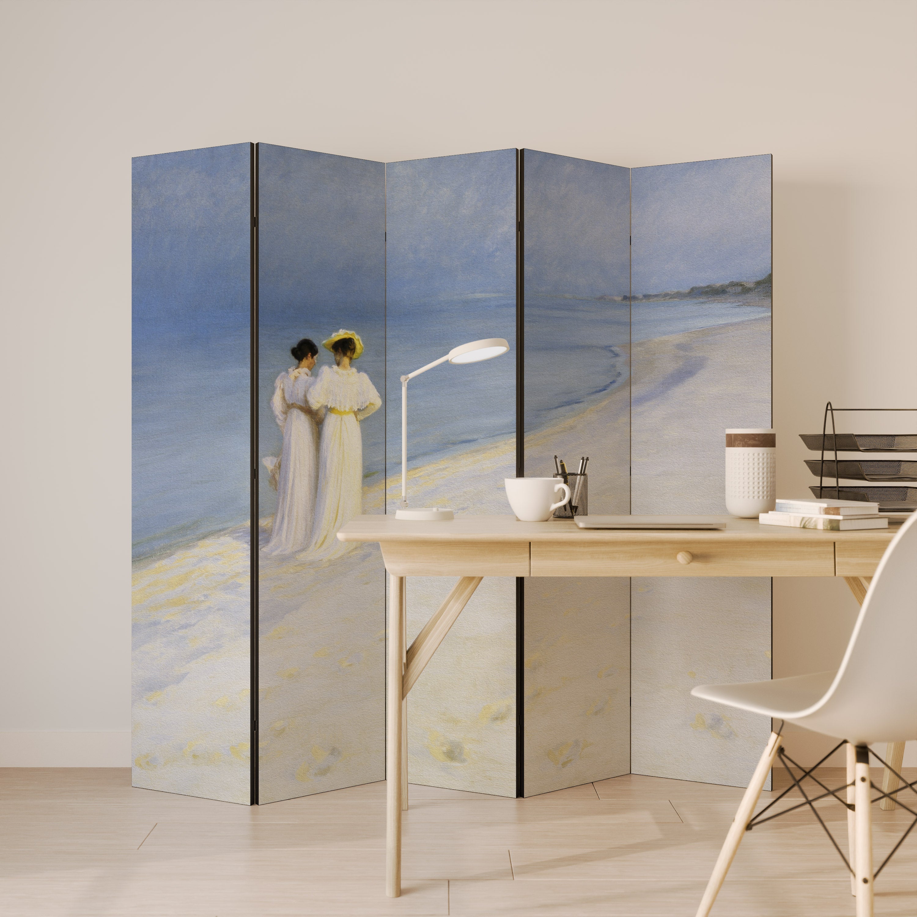 SOMMARKVÄLL PÅ SKAGENS STRAND Dekorativ rumsavdelare med 5 paneler