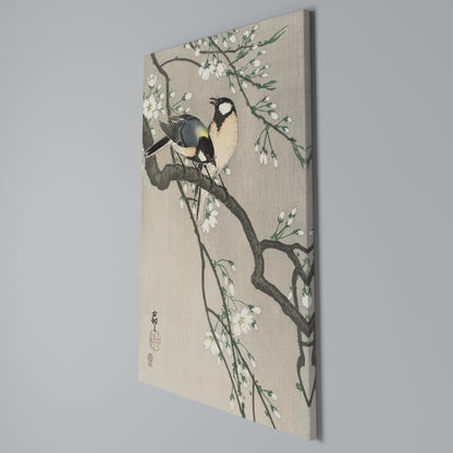 TITS ON CHERRY BRANCH Vertical Canvas Print