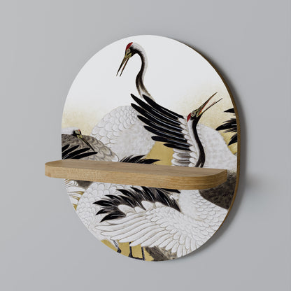 JAPANESE FLOCK OF CRANES Oval Art Shelf In Oak Effect