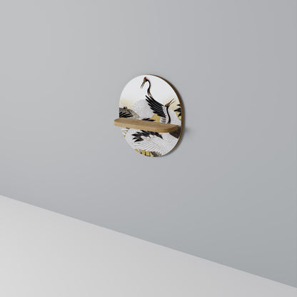 JAPANESE FLOCK OF CRANES Oval Art Shelf In Oak Effect