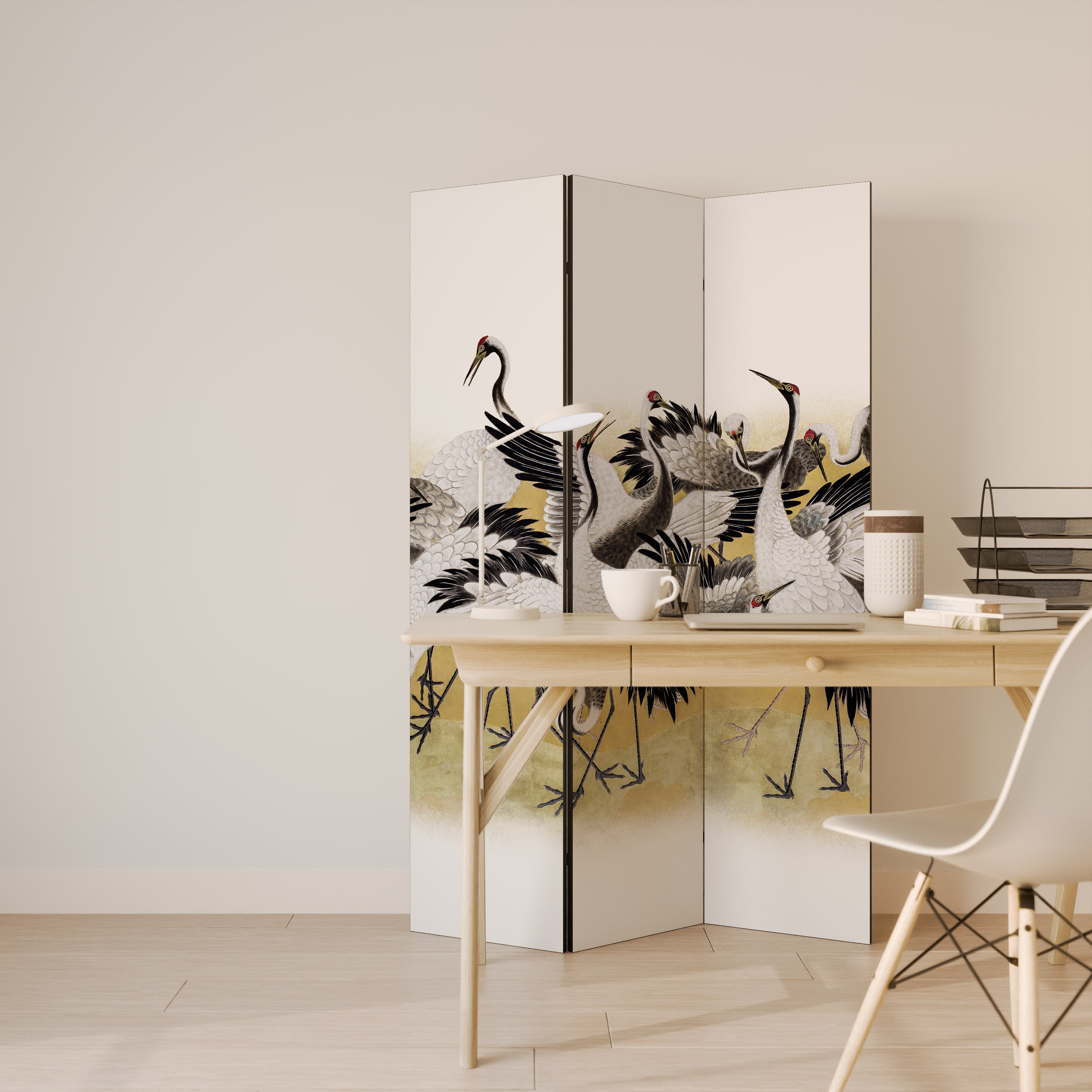 JAPANESE FLOCK OF CRANES Dekorativ rumsavdelare – 3 paneler