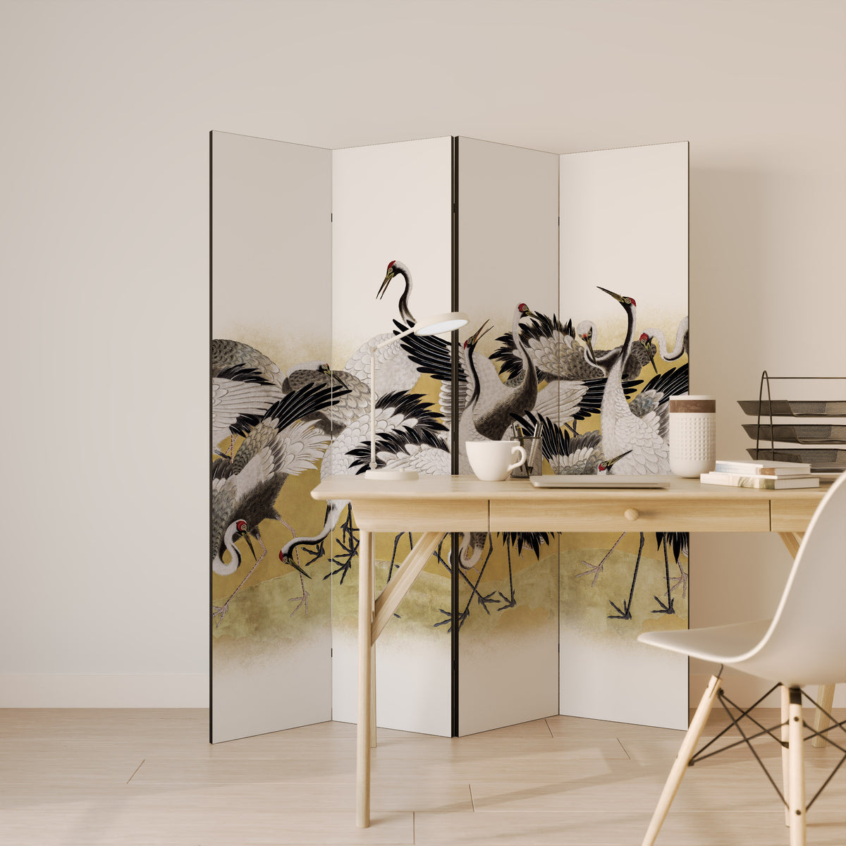 JAPANESE FLOCK OF CRANES Rumsavdelare 4 paneler