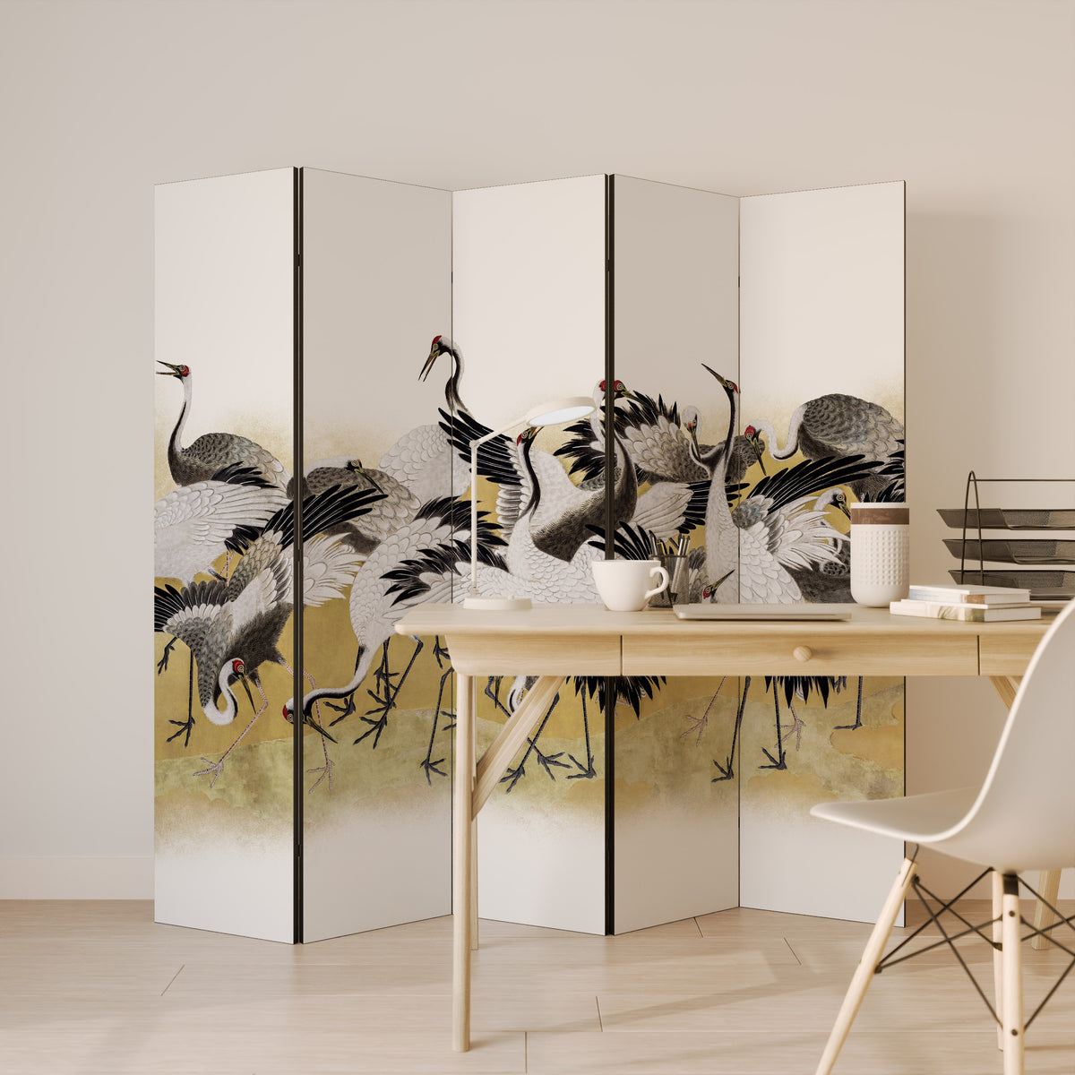 JAPANESE FLOCK OF CRANES Dekorativ rumsavdelare – 5 paneler