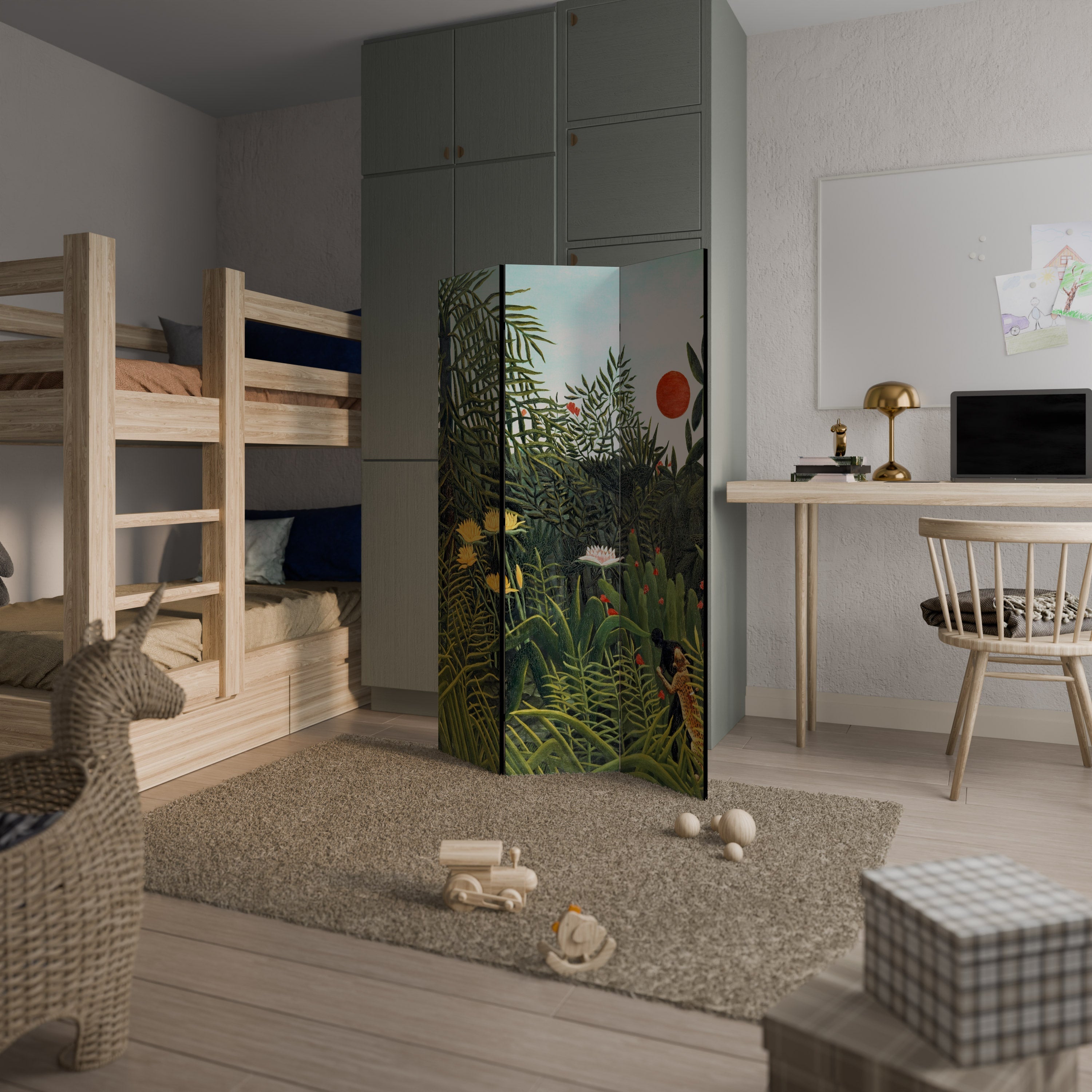Dekorativ rumsavdelare med 3 paneler VIRGIN FOREST och solnedgång