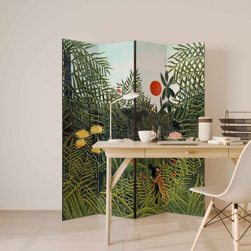 Dekorativ rumsavdelare VIRGIN FOREST MED SOLNEDGÅNG med 4 paneler