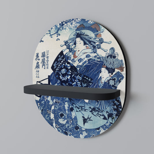 JAPANSK KVINNA Oval konsthylla i svart finish