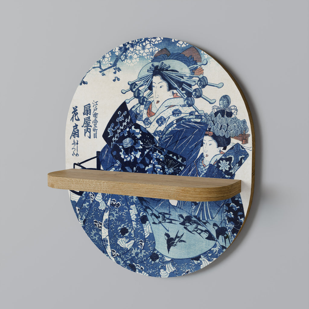 JAPANSK KVINNA Oval Konsthylla I Ekeffekt