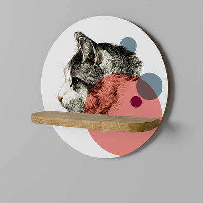 BUBBLE CAT SKETCH Round Art Shelf In Oak Effect