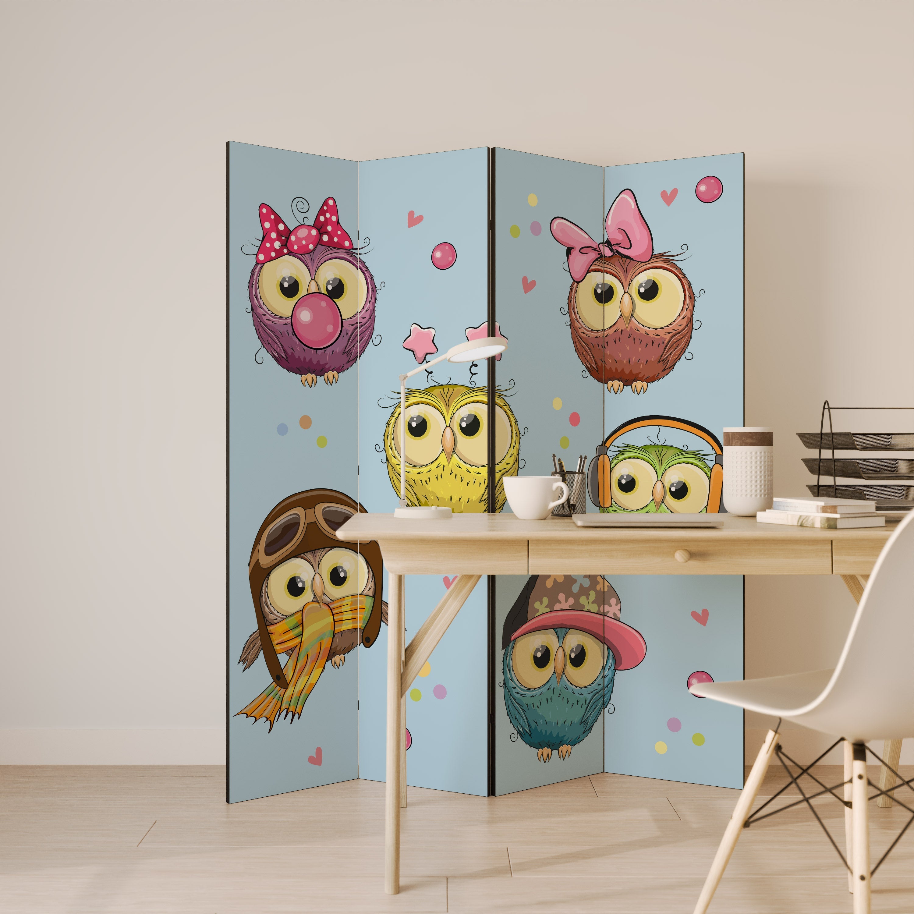 OWLY SQUAD Dekorativ rumsavdelare med 4 paneler