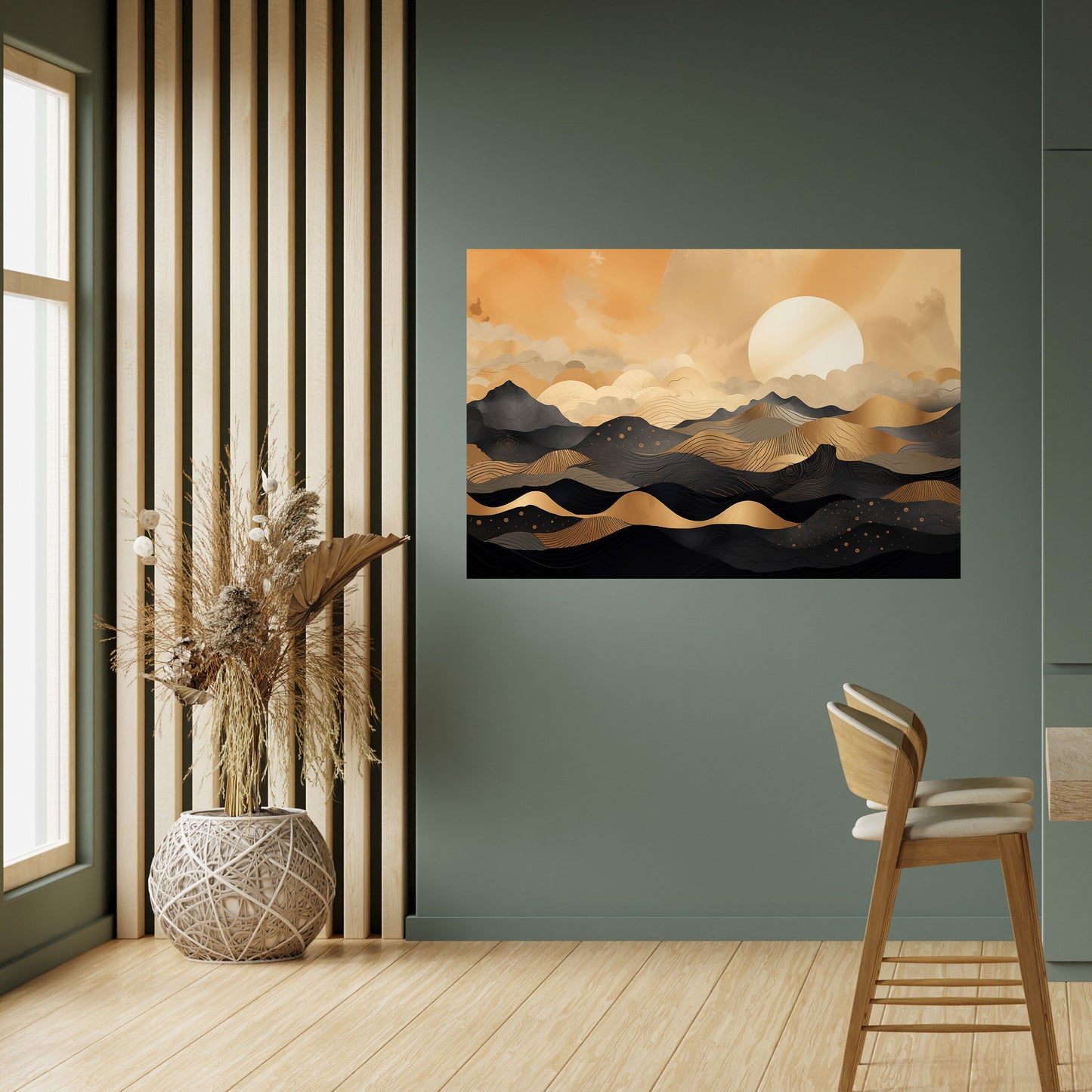 MYSTISK SOLNEDGÅNG HORIZON Horisontell poster med självhäftande text