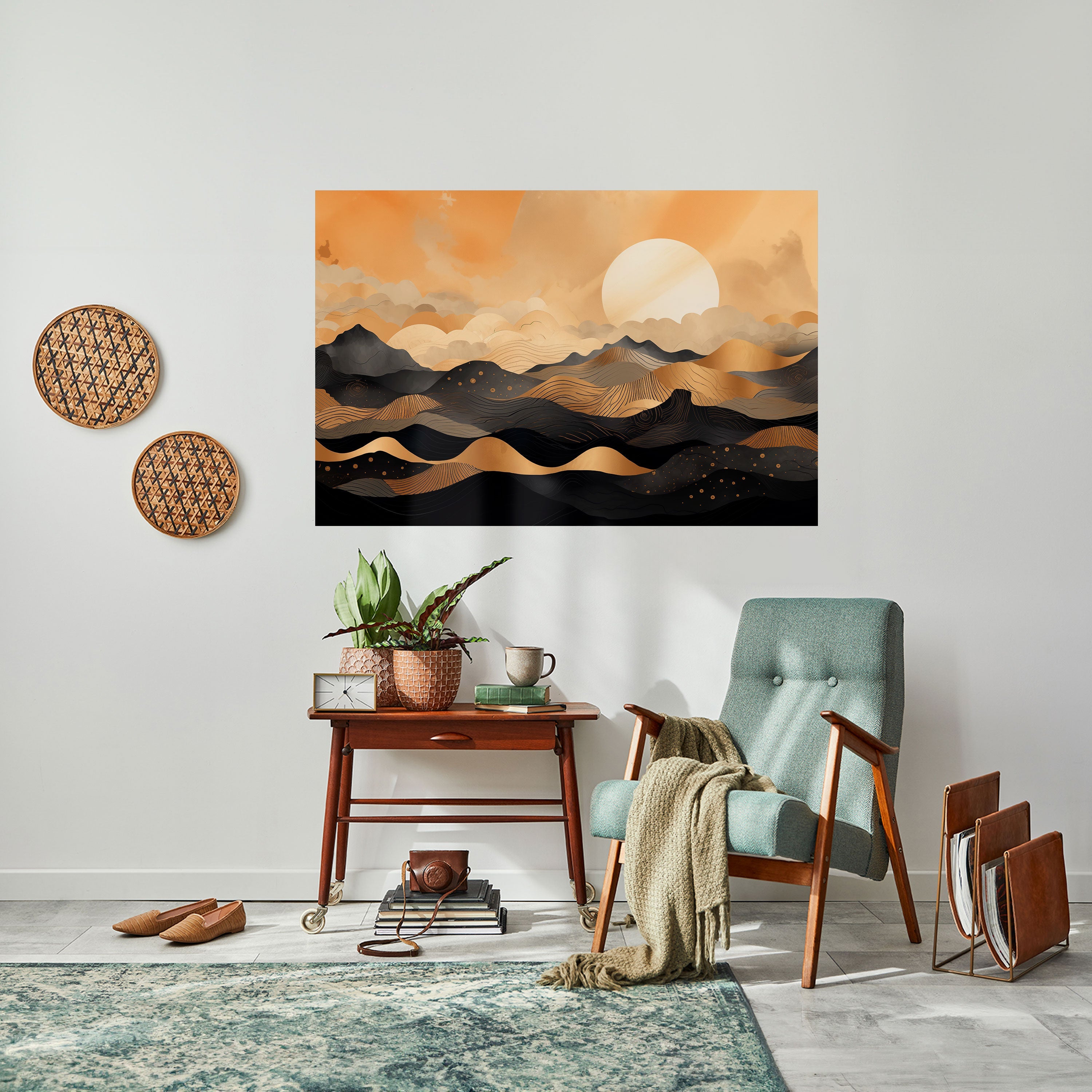 MYSTISK SOLNEDGÅNG HORIZON Horisontell poster med självhäftande text