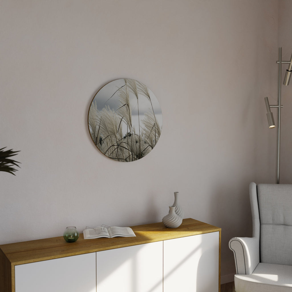 Rund väggkonst med moln ovanför gräs