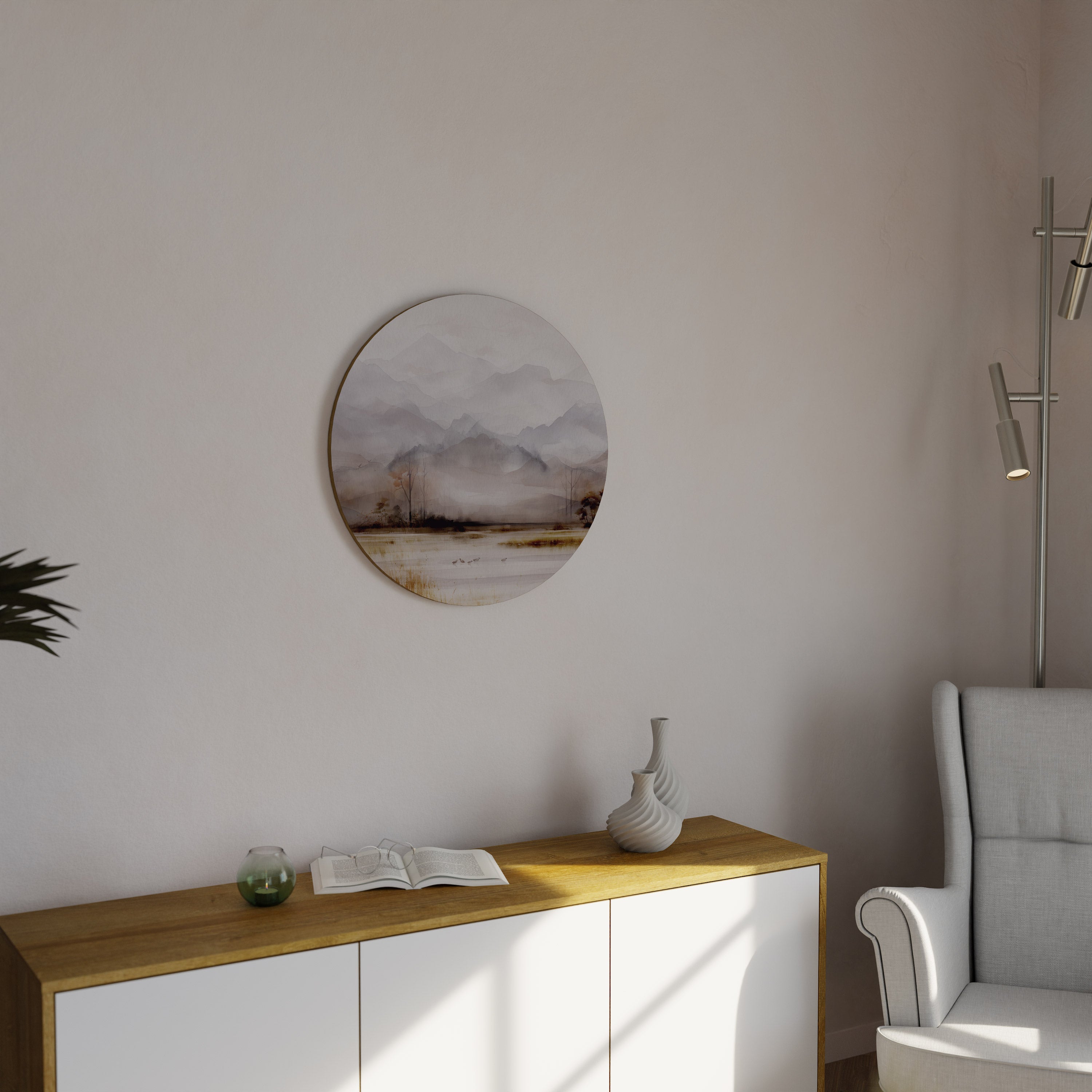 Rund väggkonst med MISTY HORIZONS-motiv
