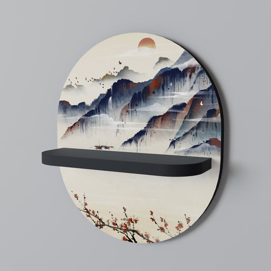JAPANSK LANDSKAP Oval konsthylla i svart finish