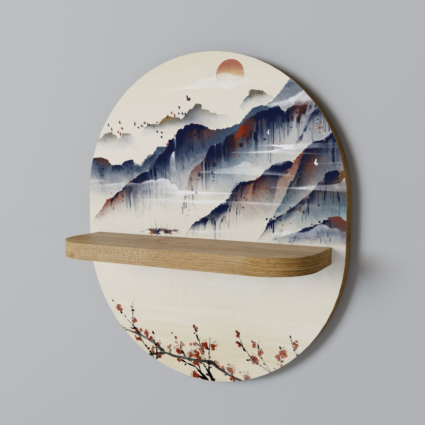 JAPANSK LANDSKAP Oval Konsthylla I Ekeffekt