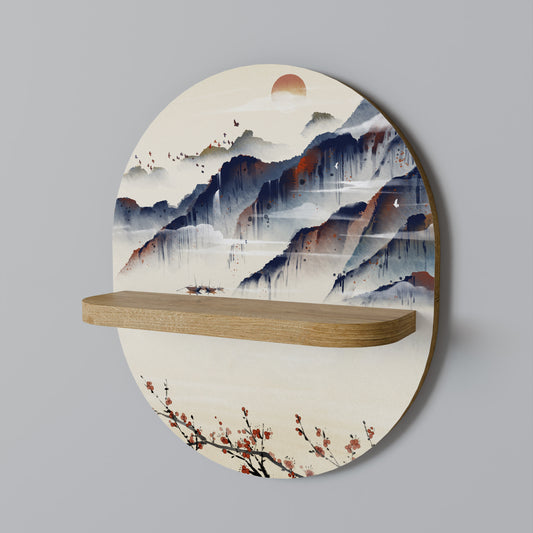 JAPANSK LANDSKAP Oval Konsthylla I Ekeffekt