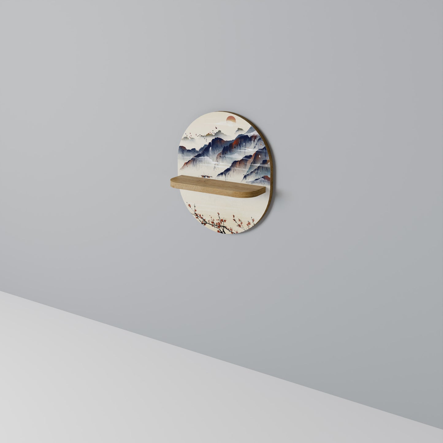 JAPANSK LANDSKAP Oval Konsthylla I Ekeffekt