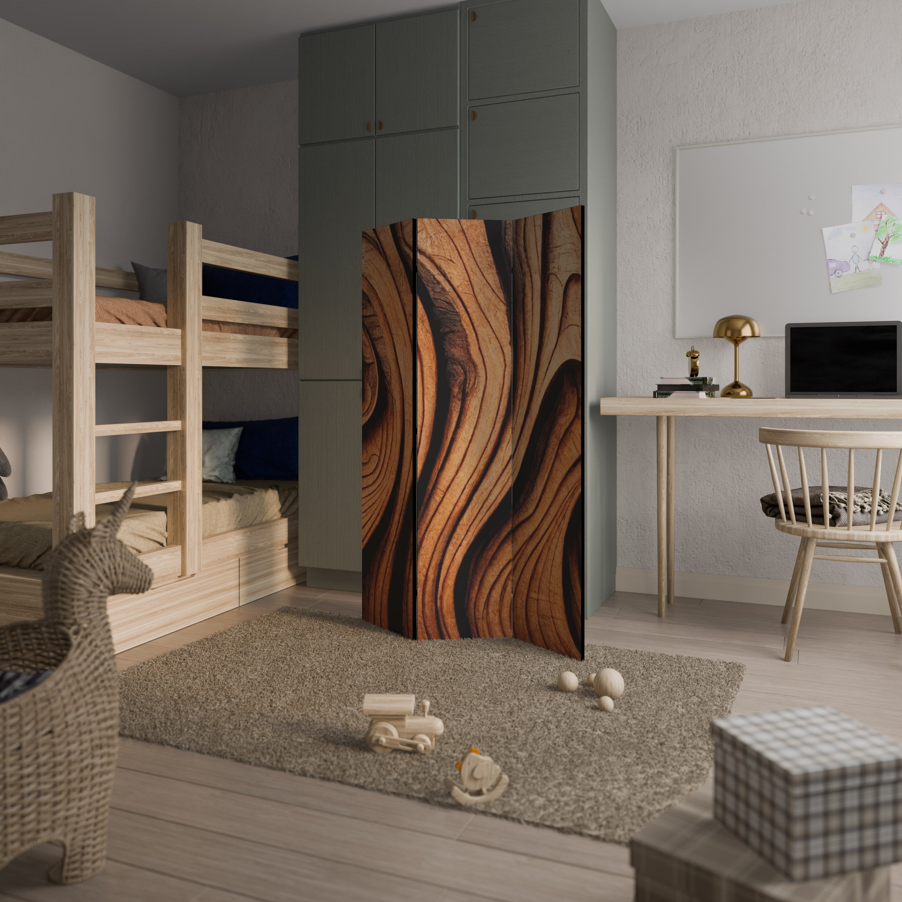 Trävågor, utfälld, 3-panelers rumsavdelare