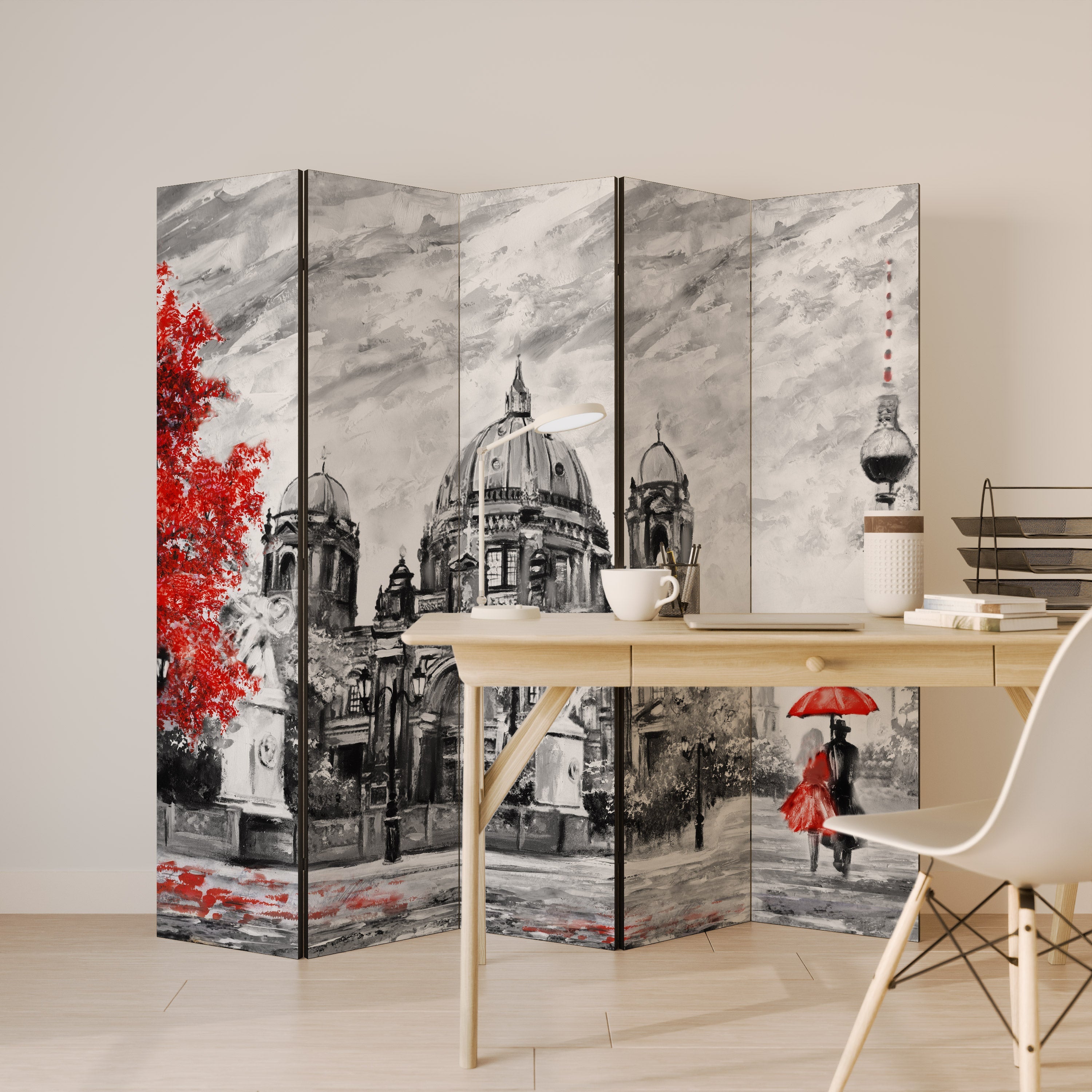 Dekorativ rumsavdelare med 5 paneler RED LEAVES EMBRACE
