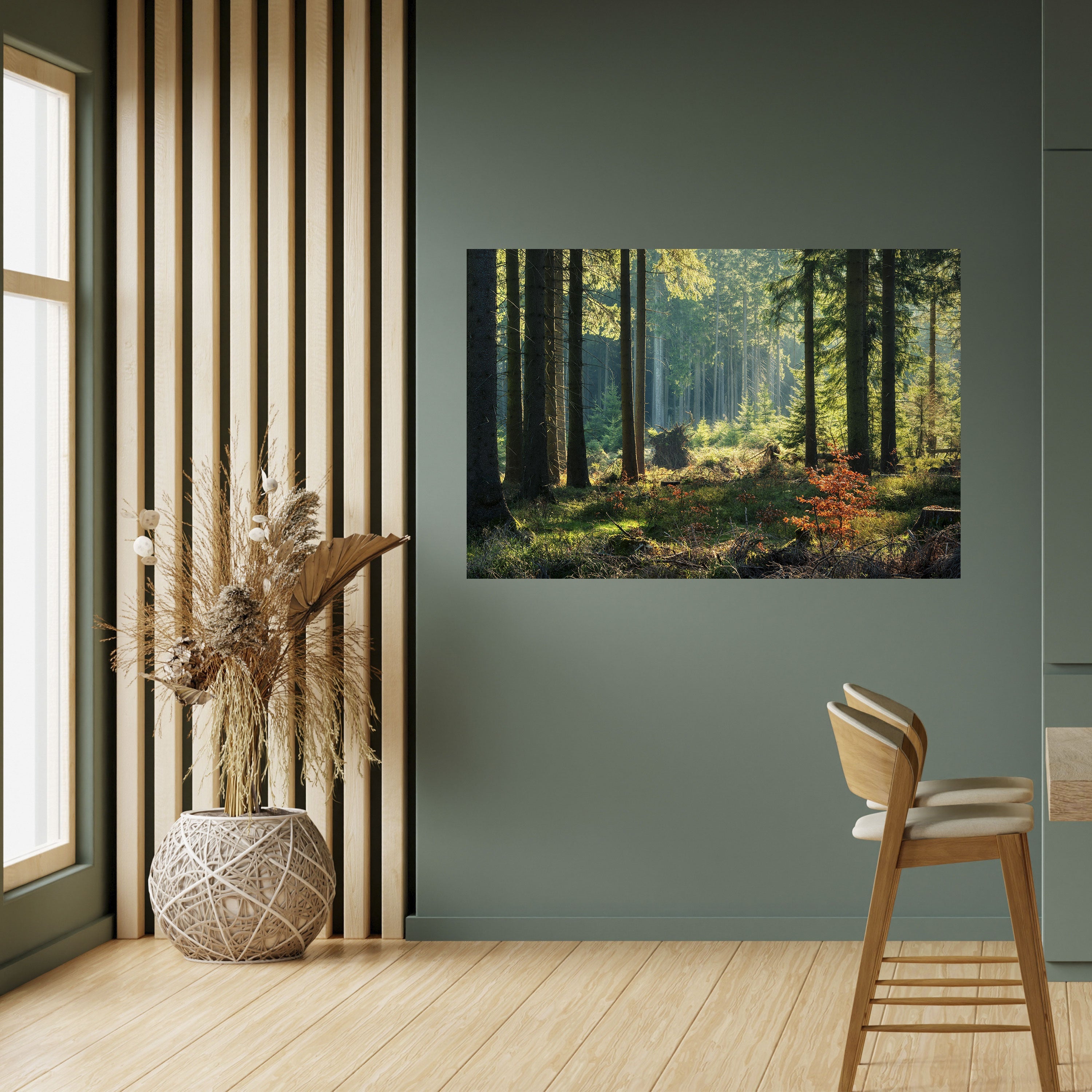 Solbelyst skogsserenad horisontell poster med självhäftande klistermärke