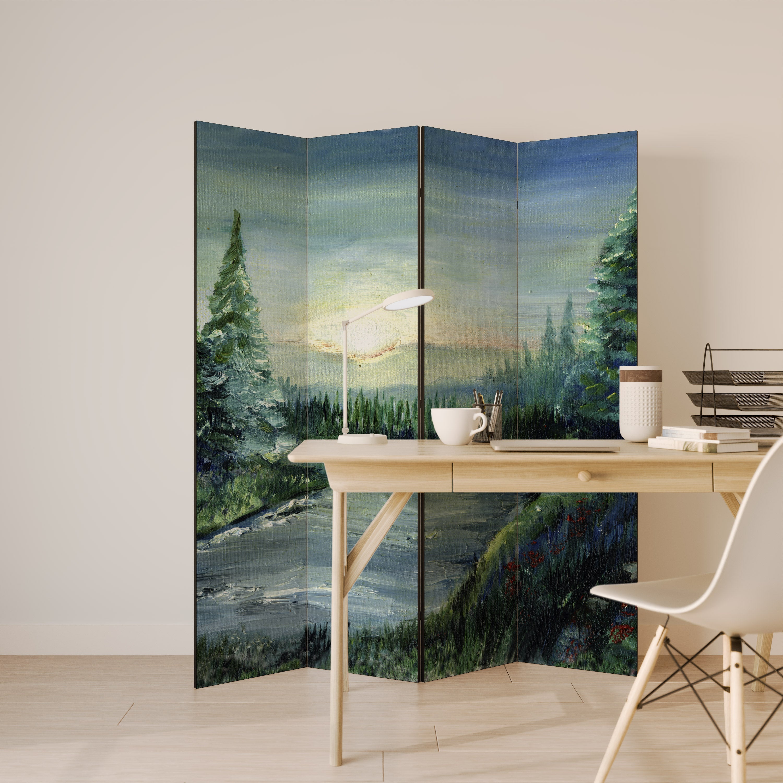 Dekorativ rumsavdelare med 4 paneler i FOREST SUNSET