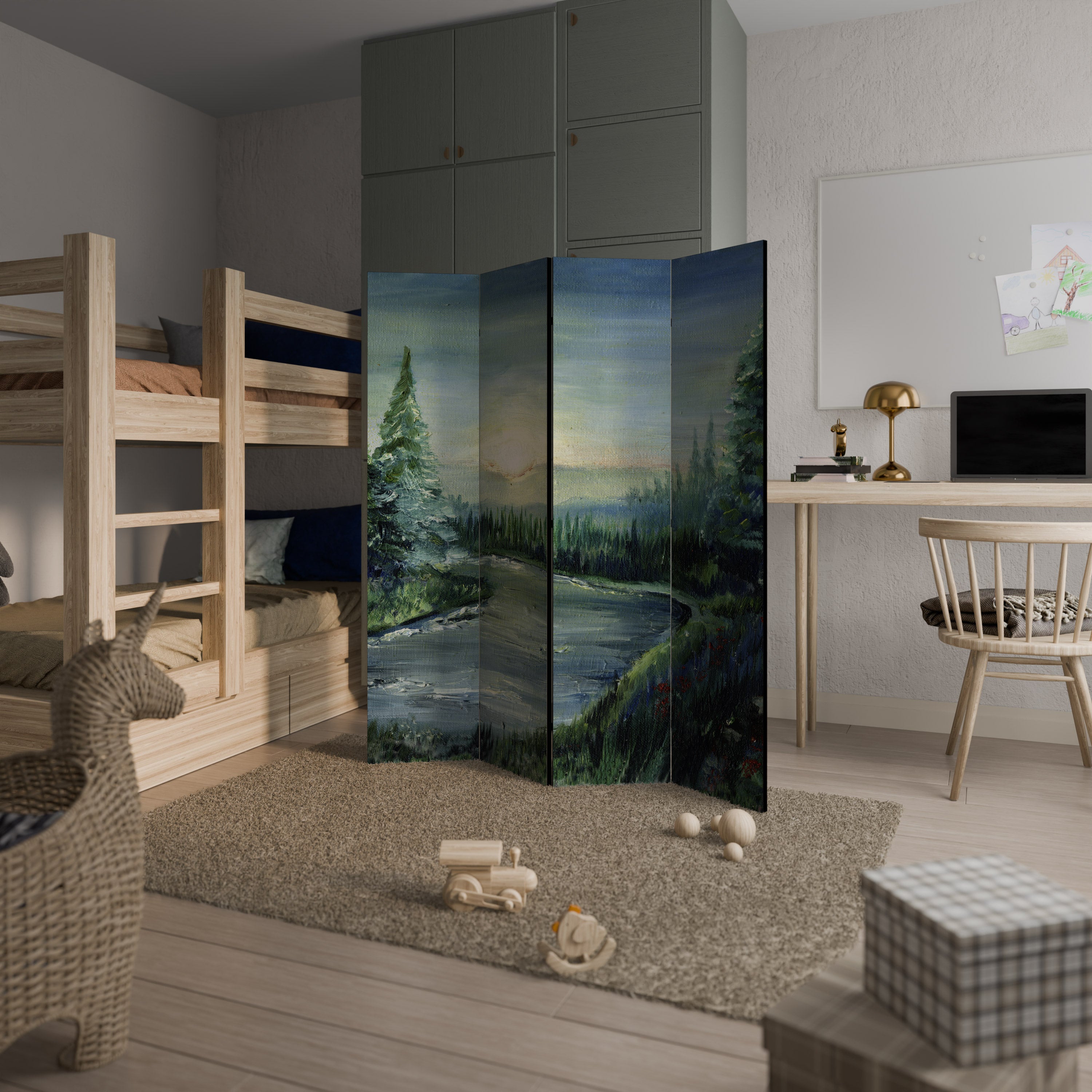Dekorativ rumsavdelare med 4 paneler i FOREST SUNSET