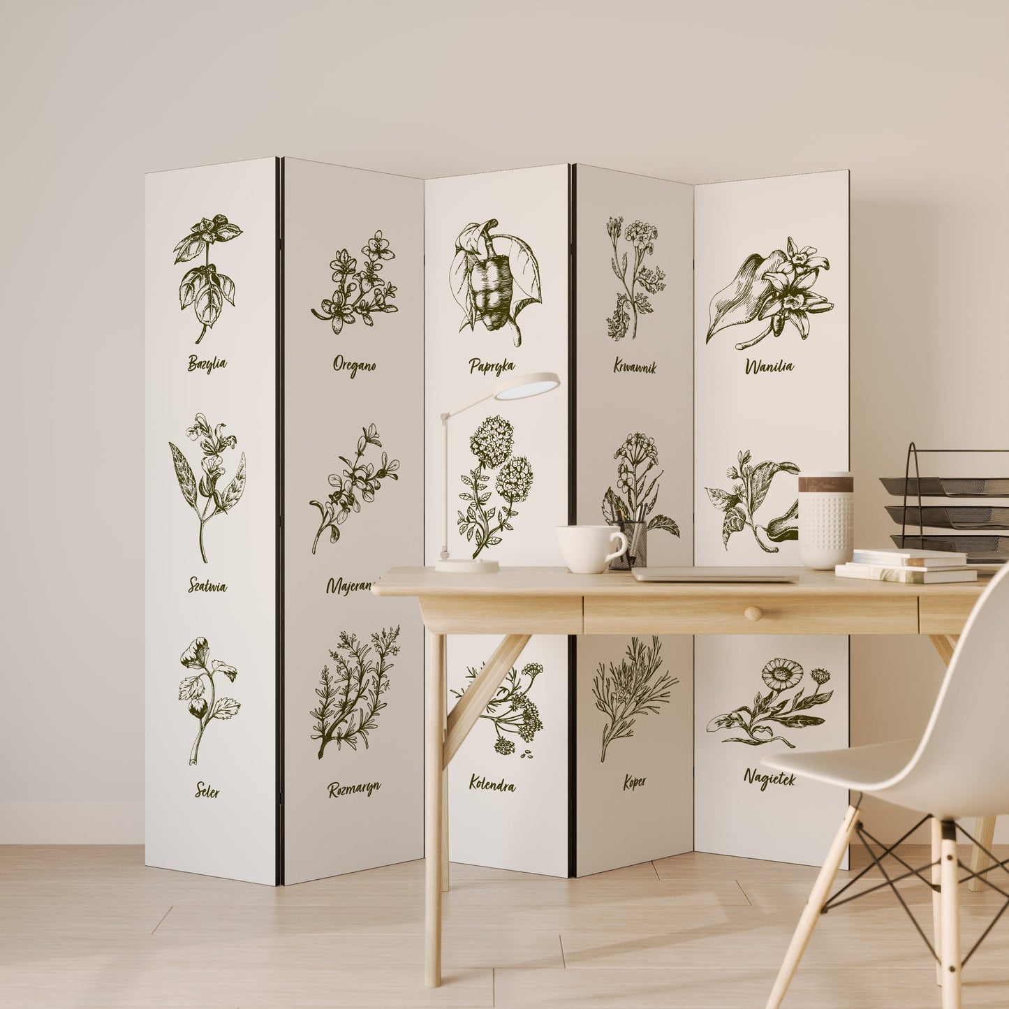 Dekorativ rumsavdelare med 5 paneler WHISPERS OF WILD HERBS