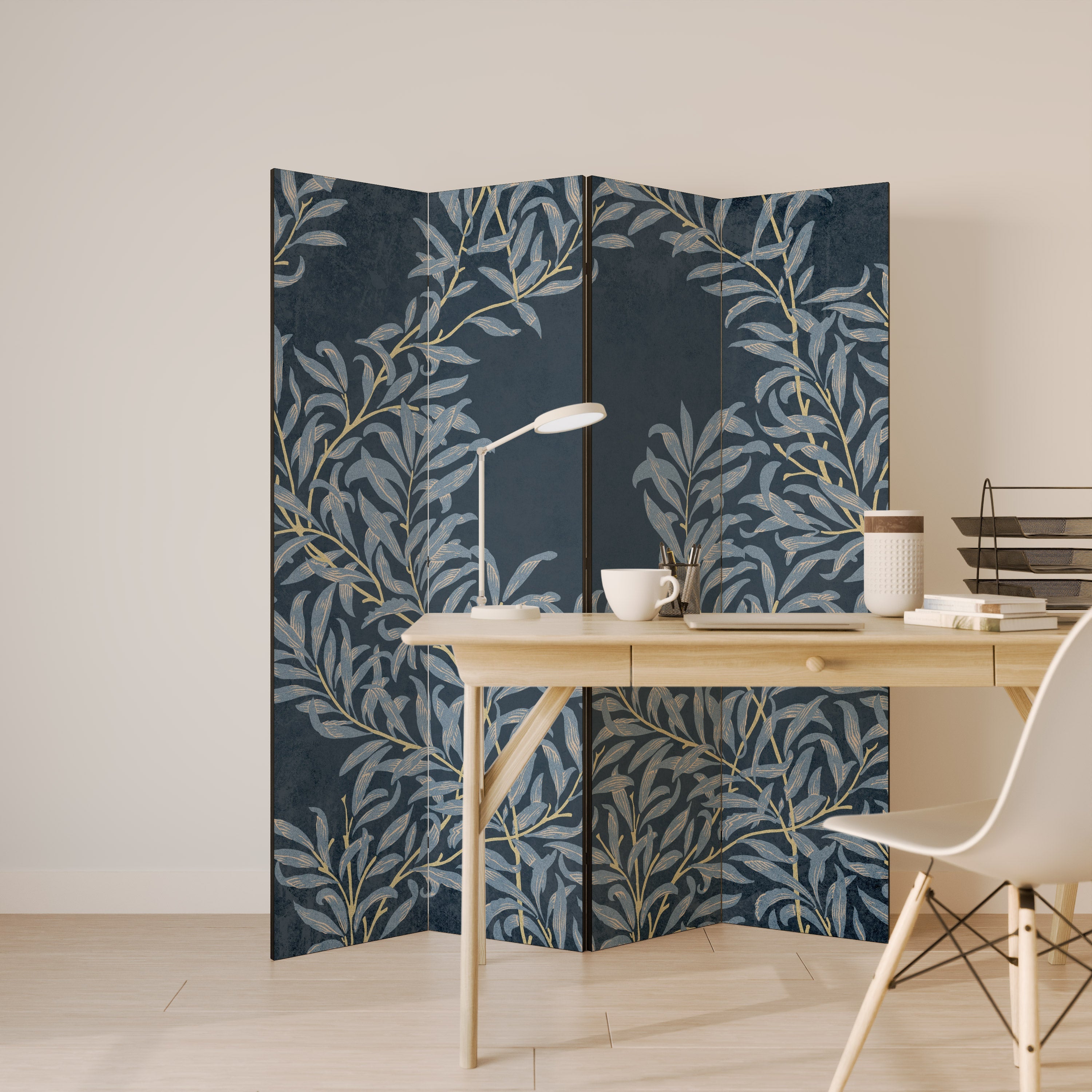 Dekorativ rumsavdelare med 4 paneler i BLUE LEAVES