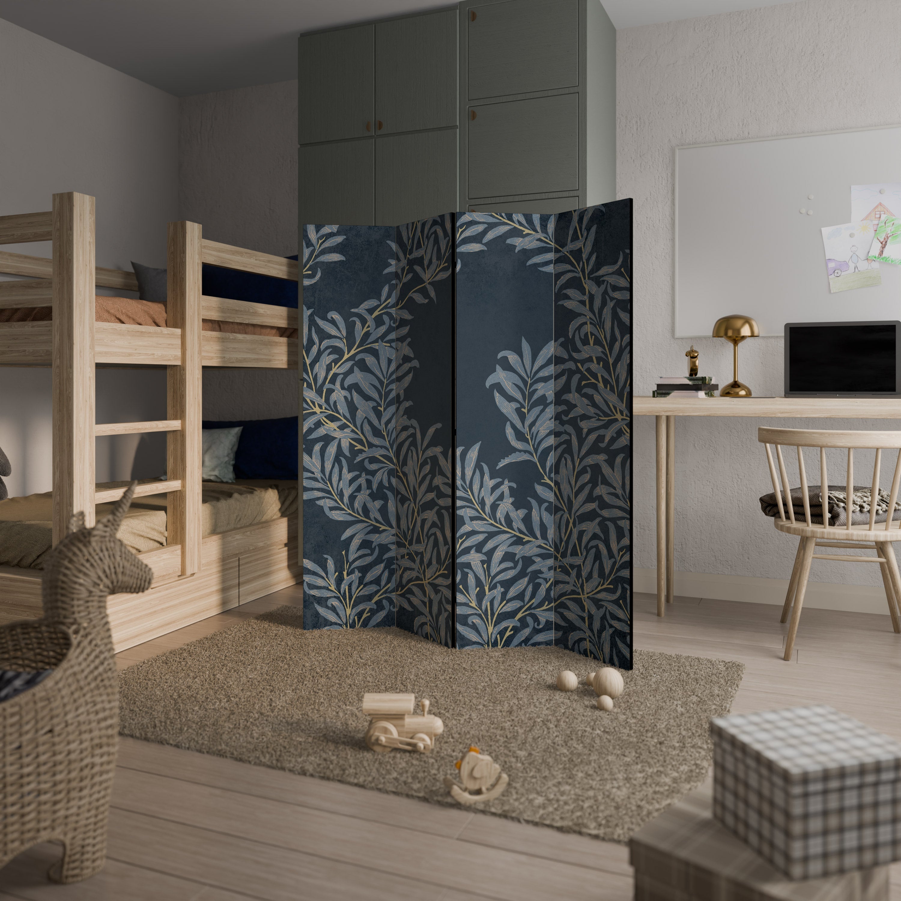 Dekorativ rumsavdelare med 4 paneler i BLUE LEAVES
