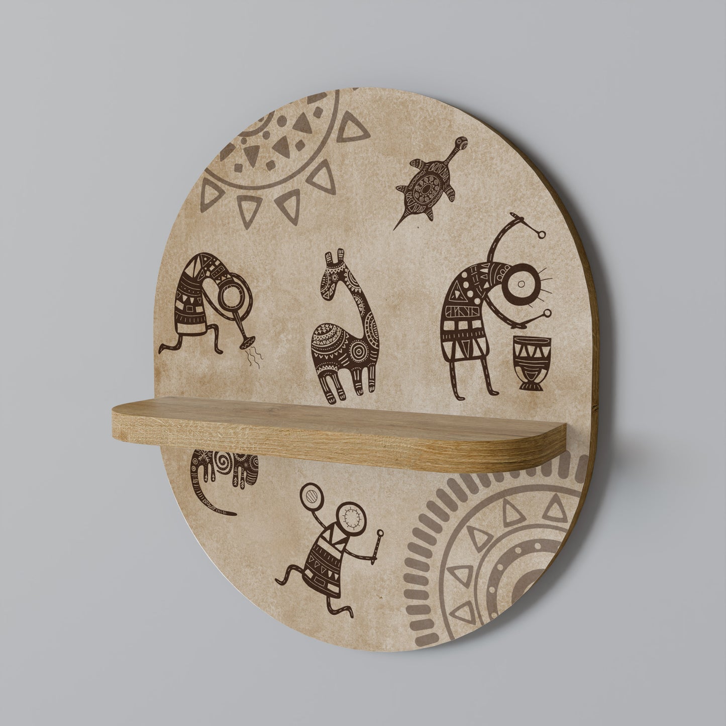 AFRICAN STYLE Oval Art Shelf In Oak Effect
