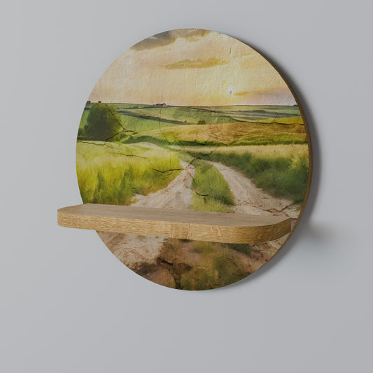 SUNSET PATH Round Art Shelf In Oak Effect