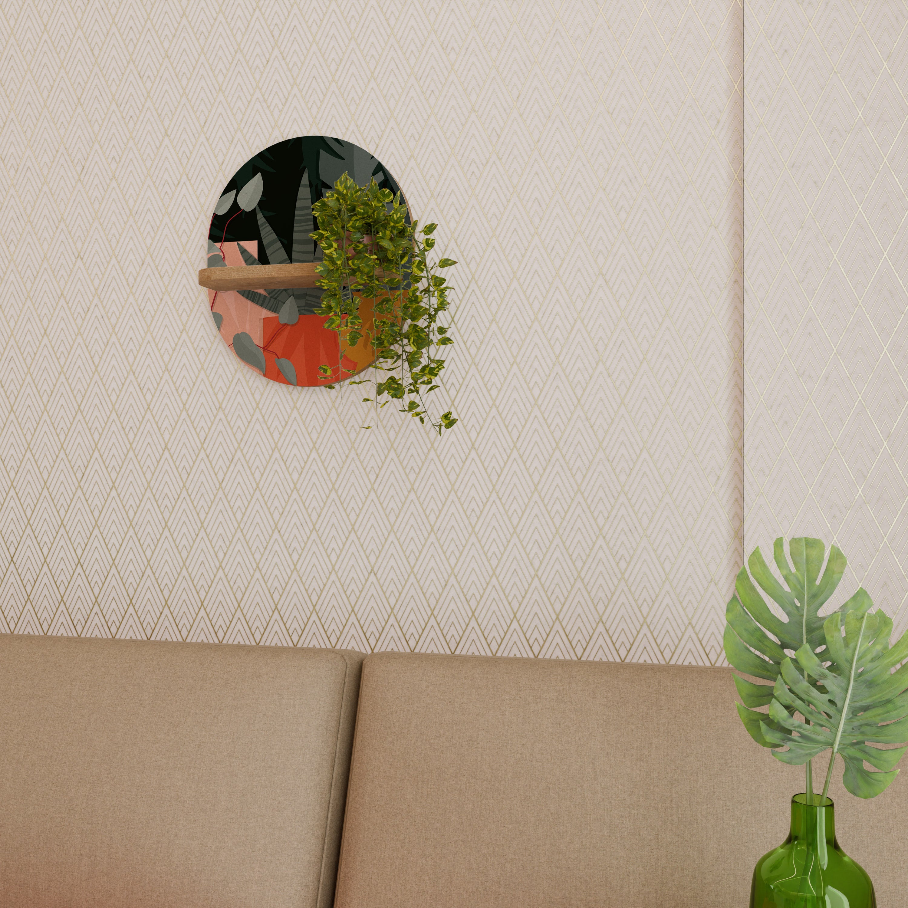 TROPISK KOMPOSITION Oval konsthylla i ekeffekt