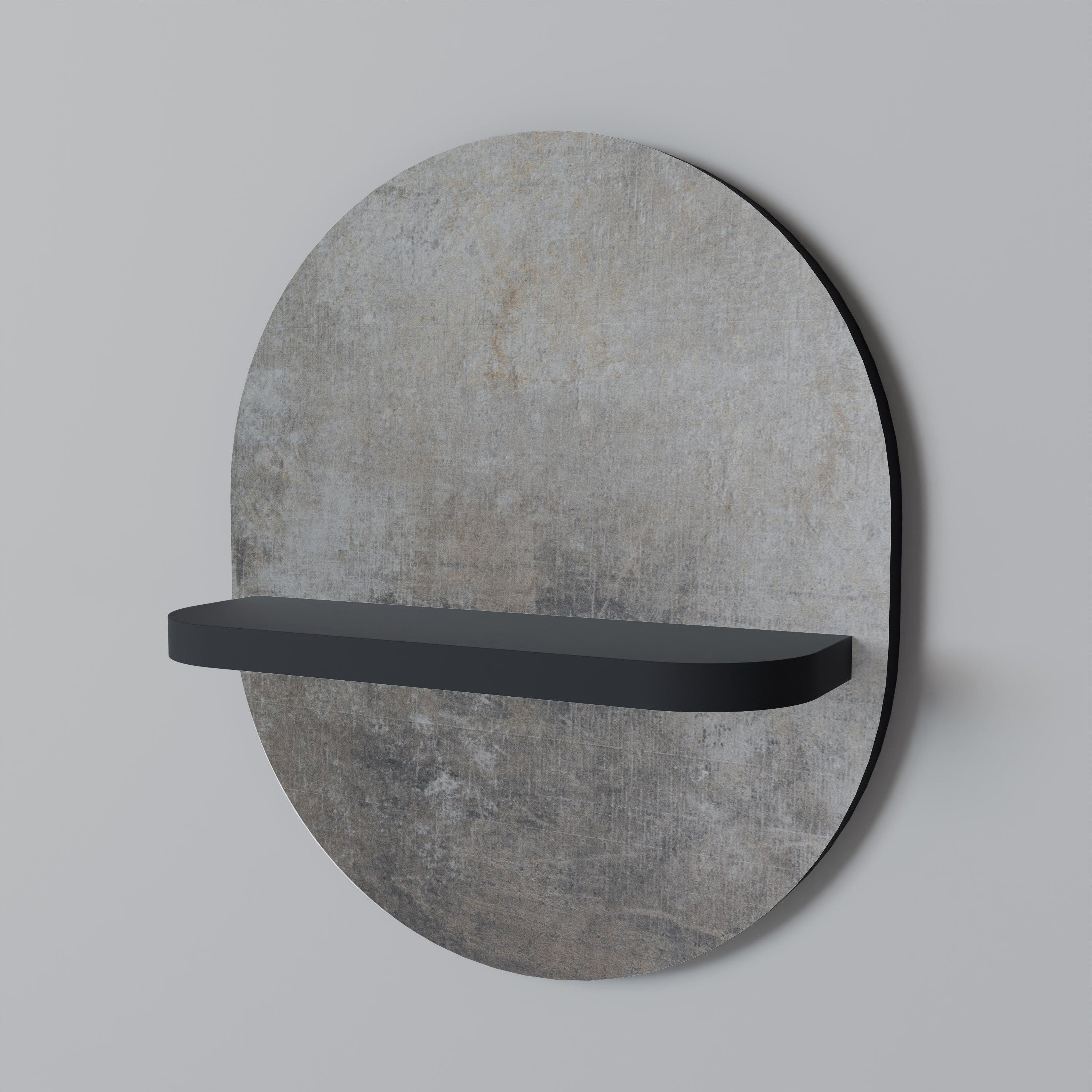 Oval konsthylla i svart finish, betongvägg