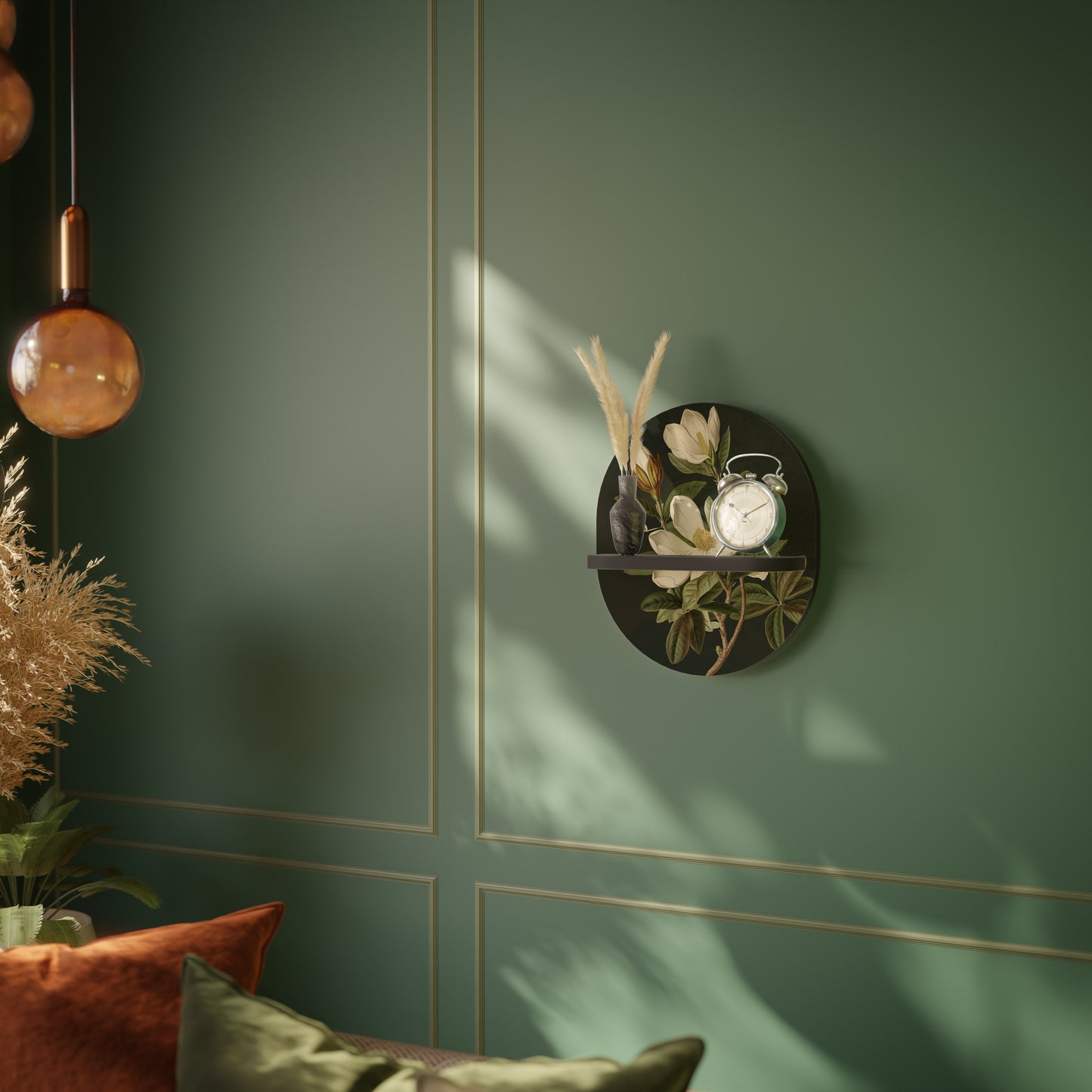 FLORAL NOIR Oval Art Shelf In Black Finish