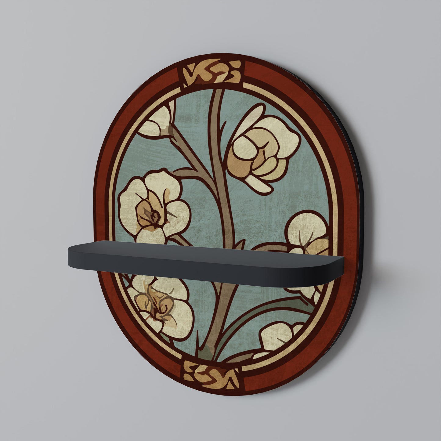 ORNATE PETALS Oval Art Shelf In Black Finish