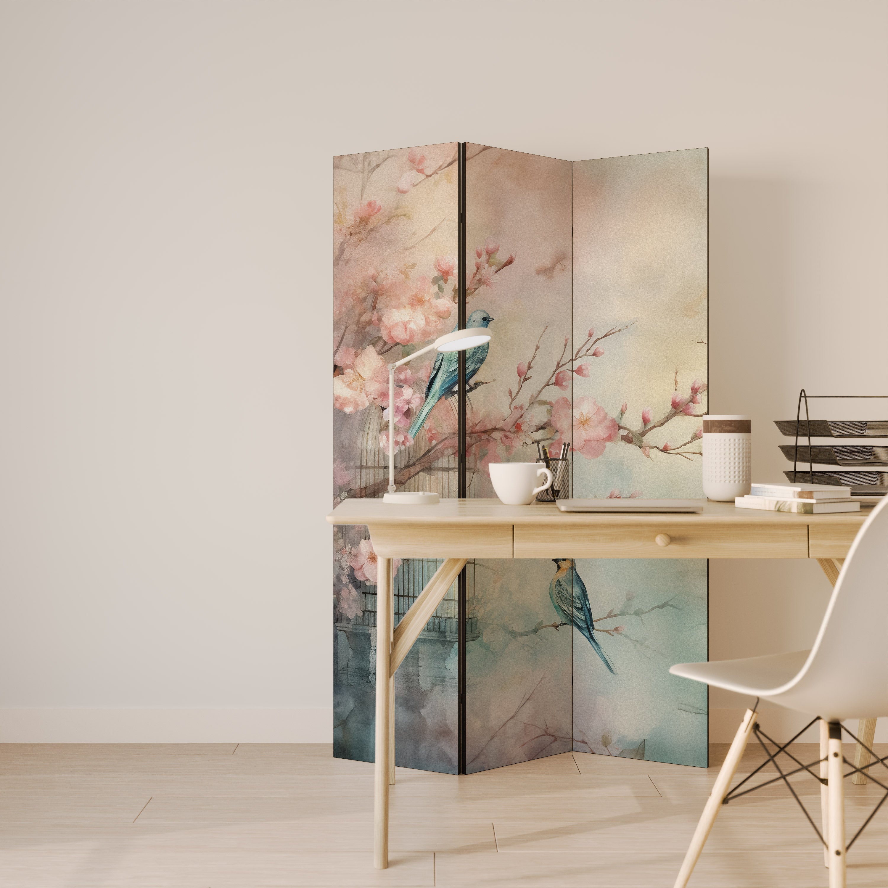 Dekorativ rumsavdelare med 3 paneler i CHERRY BIRDSONG