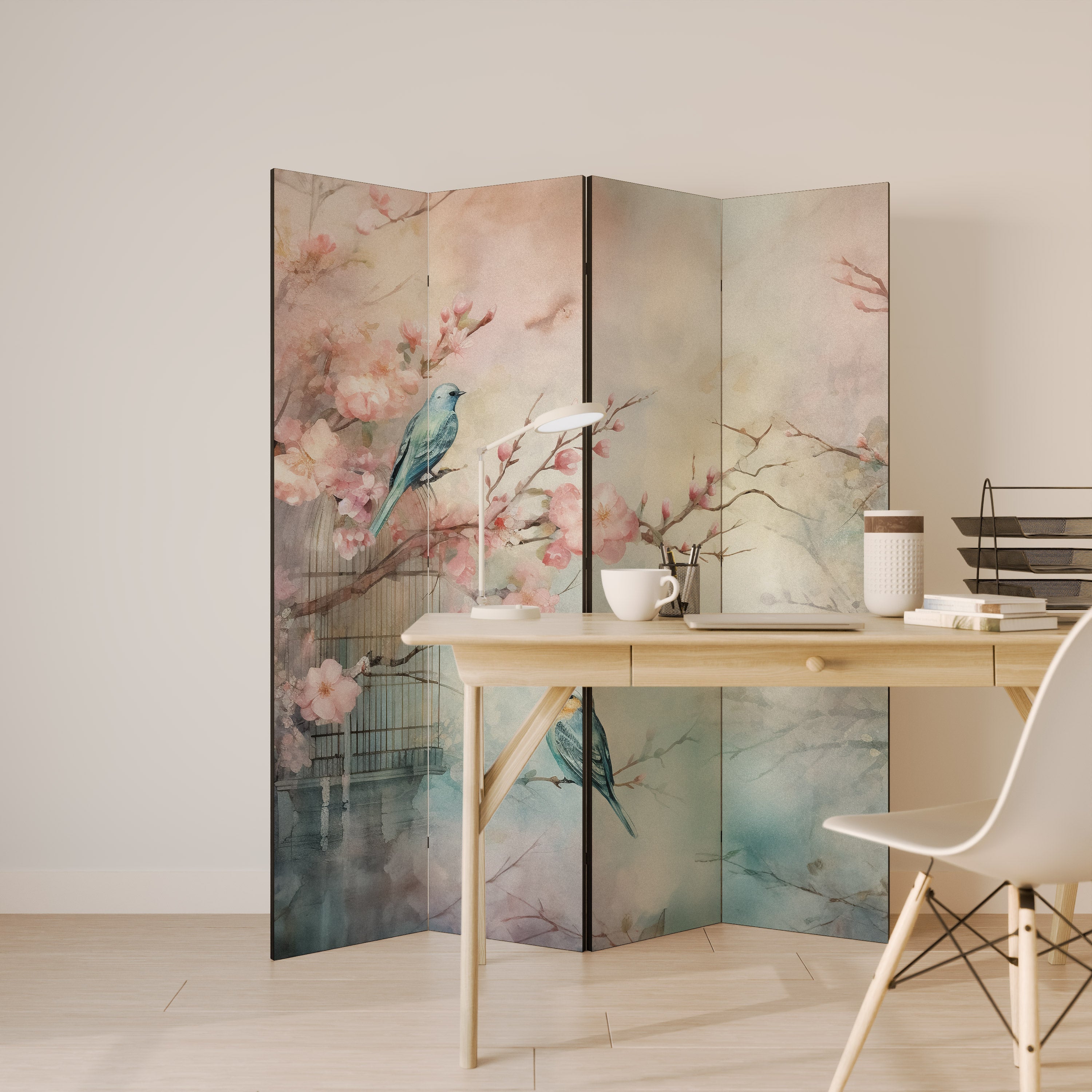 Dekorativ rumsavdelare med 4 paneler i CHERRY BIRDSONG