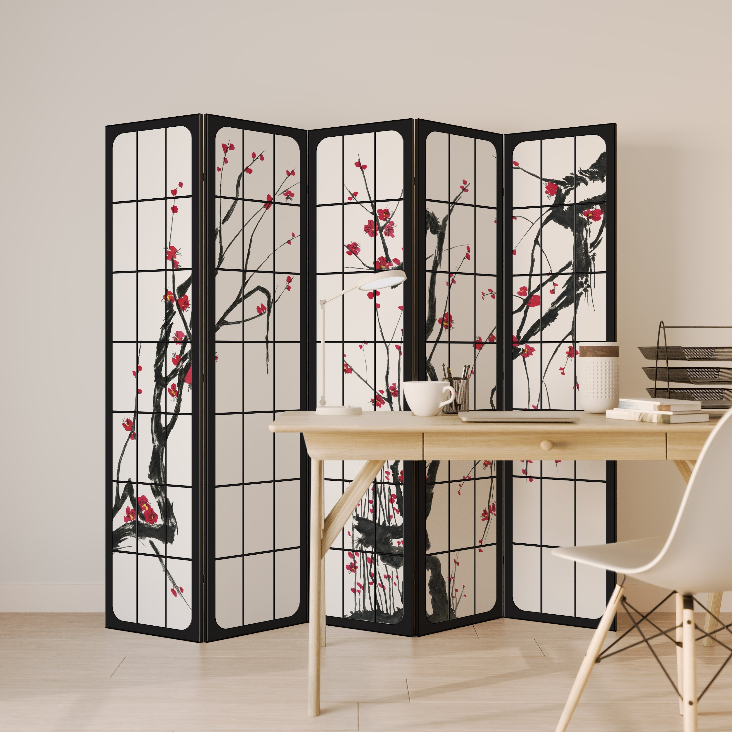 Dekorativ rumsavdelare med 5 paneler, JAPANSKA BLOMSTER