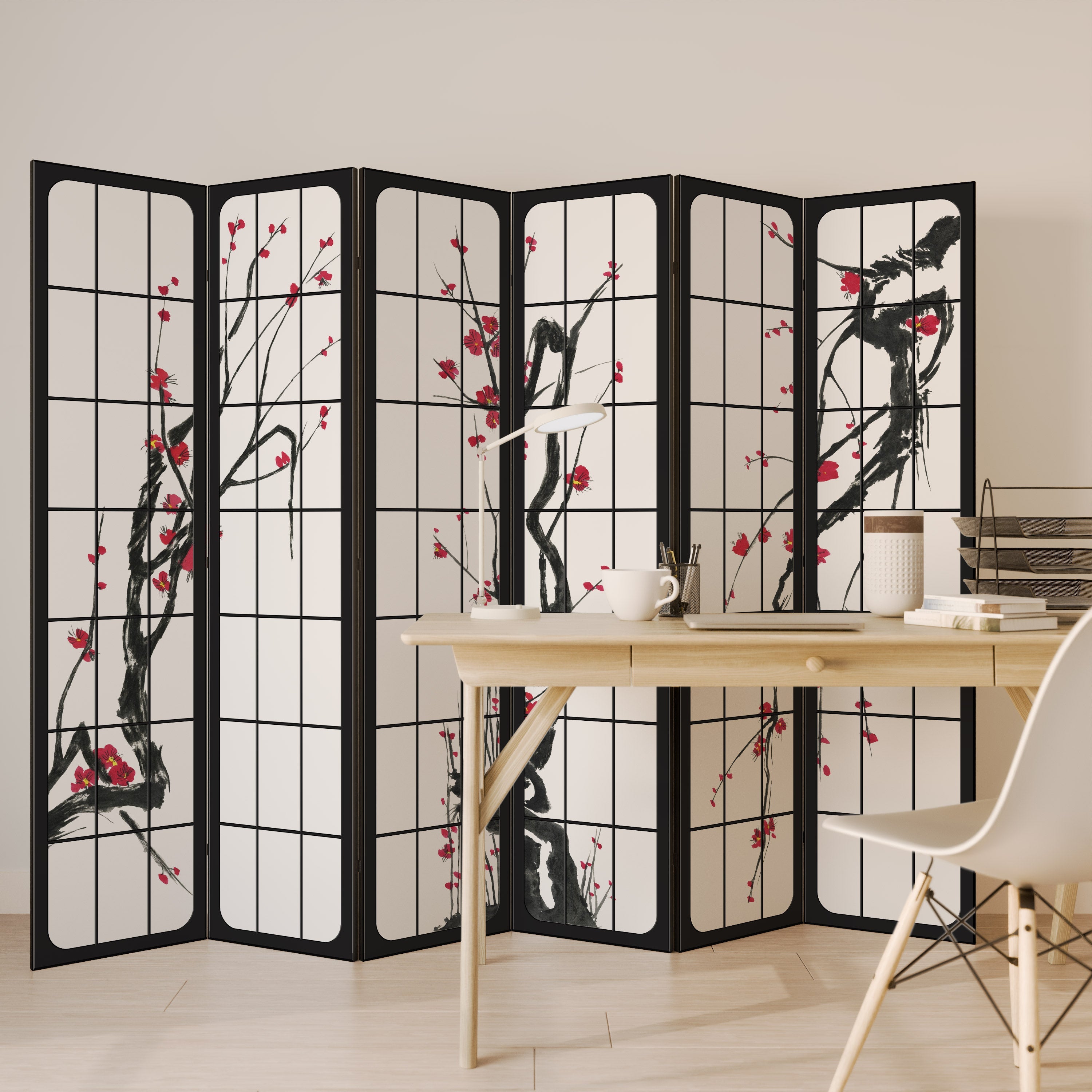 Dekorativ rumsavdelare med 6 paneler, JAPANSKA BLOMSTER