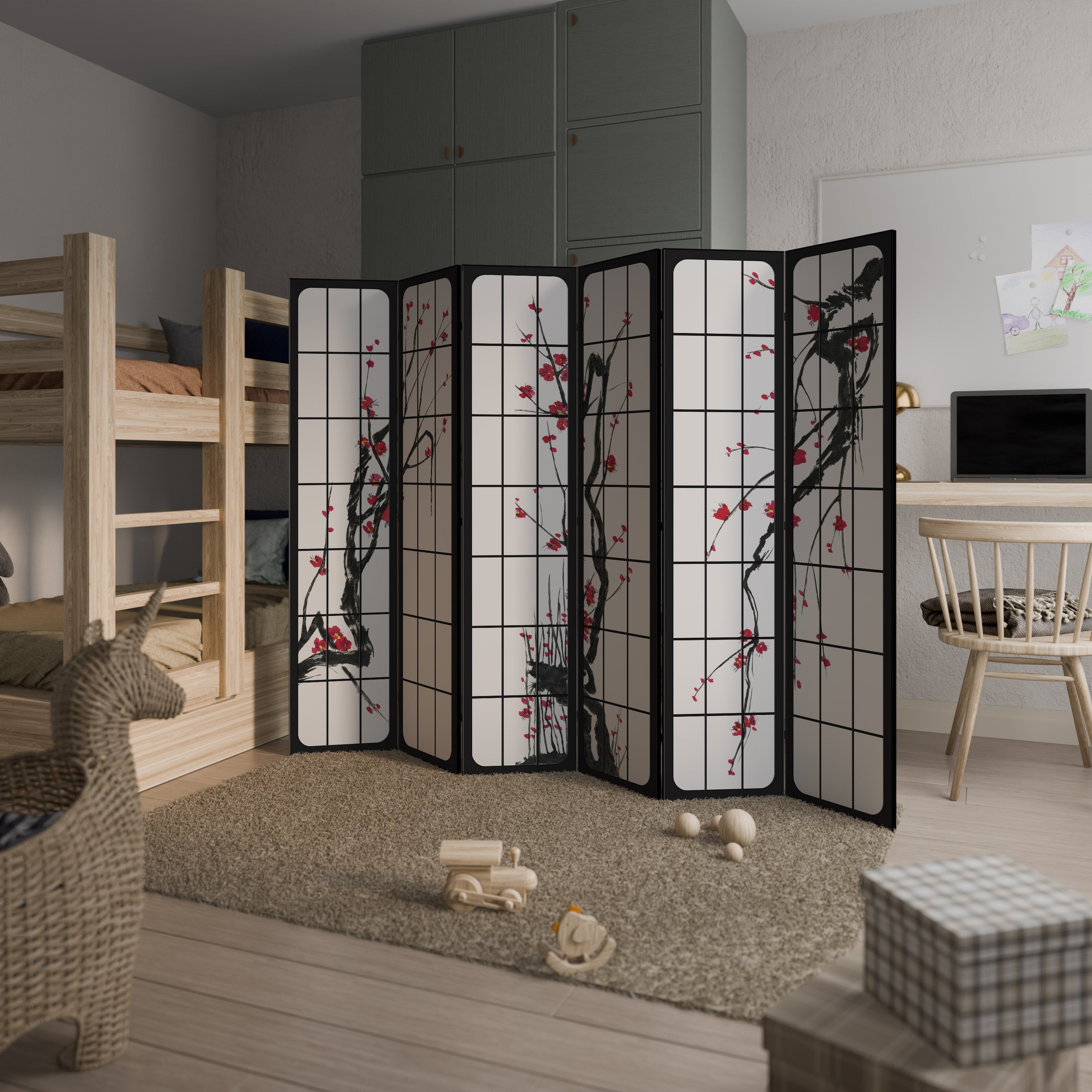 Dekorativ rumsavdelare med 6 paneler, JAPANSKA BLOMSTER
