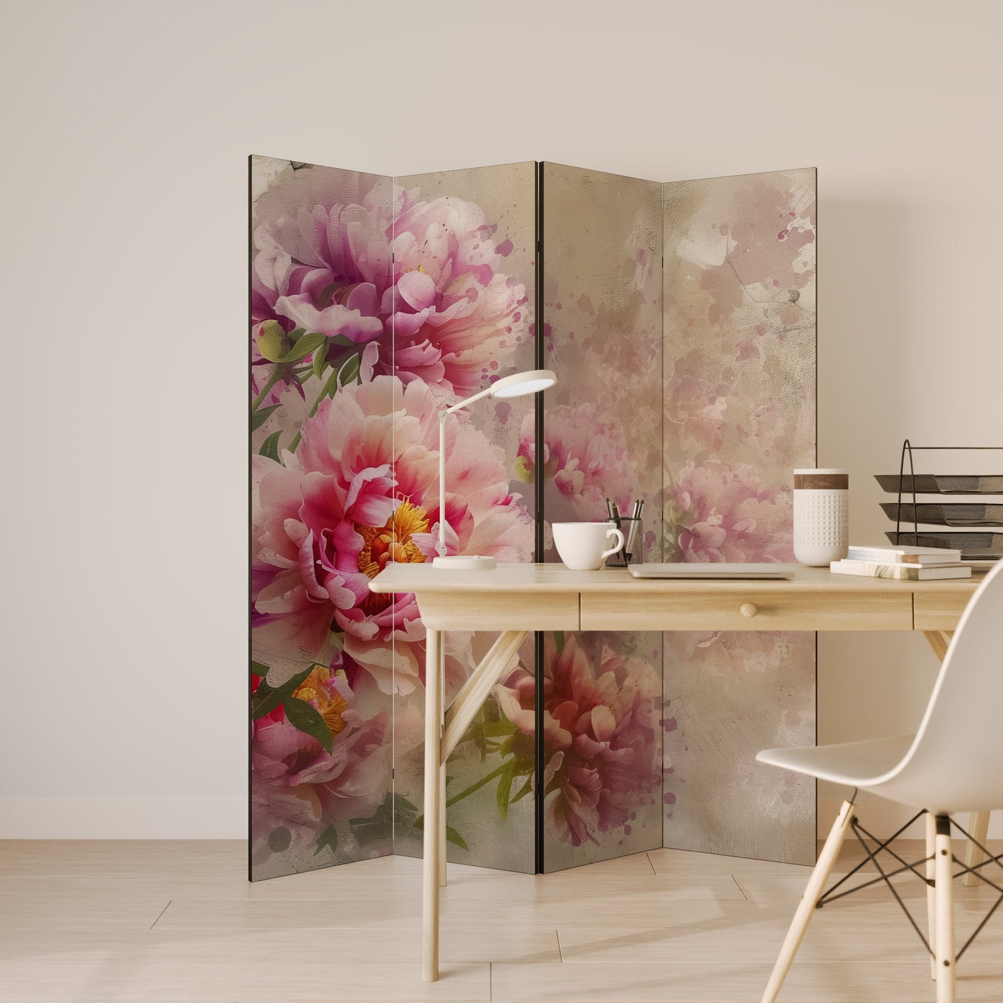 Dekorativ rumsavdelare med 4 paneler PEONY WHISPER