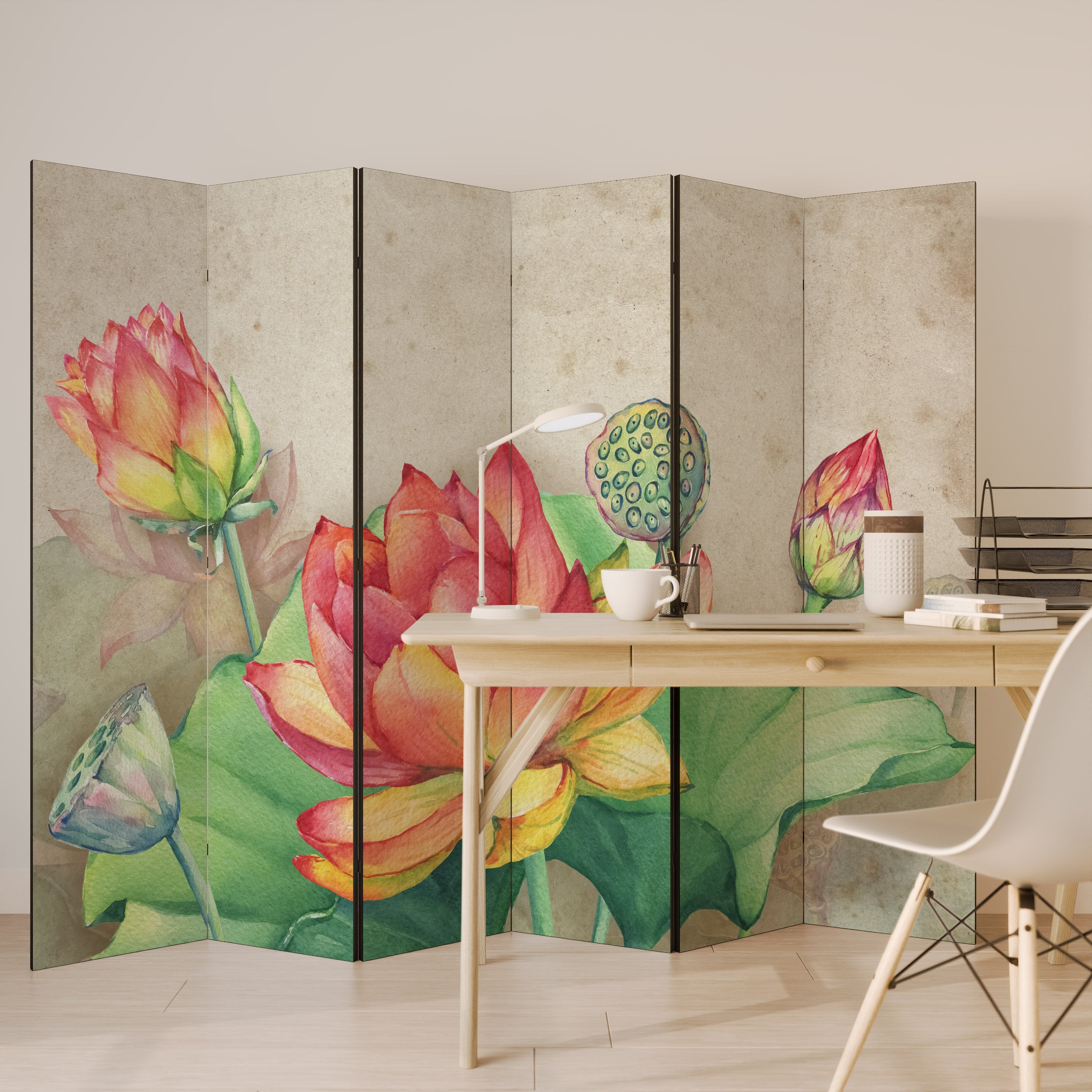 VISKANDE LOTUSBLOMSTER Dekorativ rumsavdelare med 6 paneler