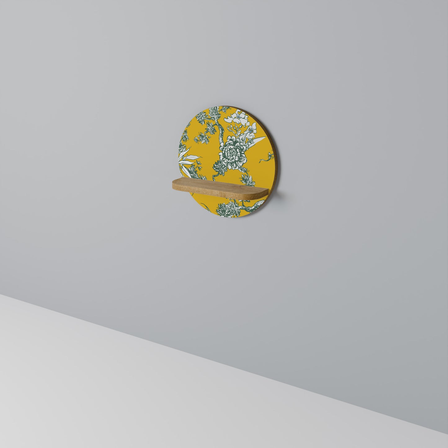 YELLOW CHINOISERIE Round Art Shelf In Oak Effect