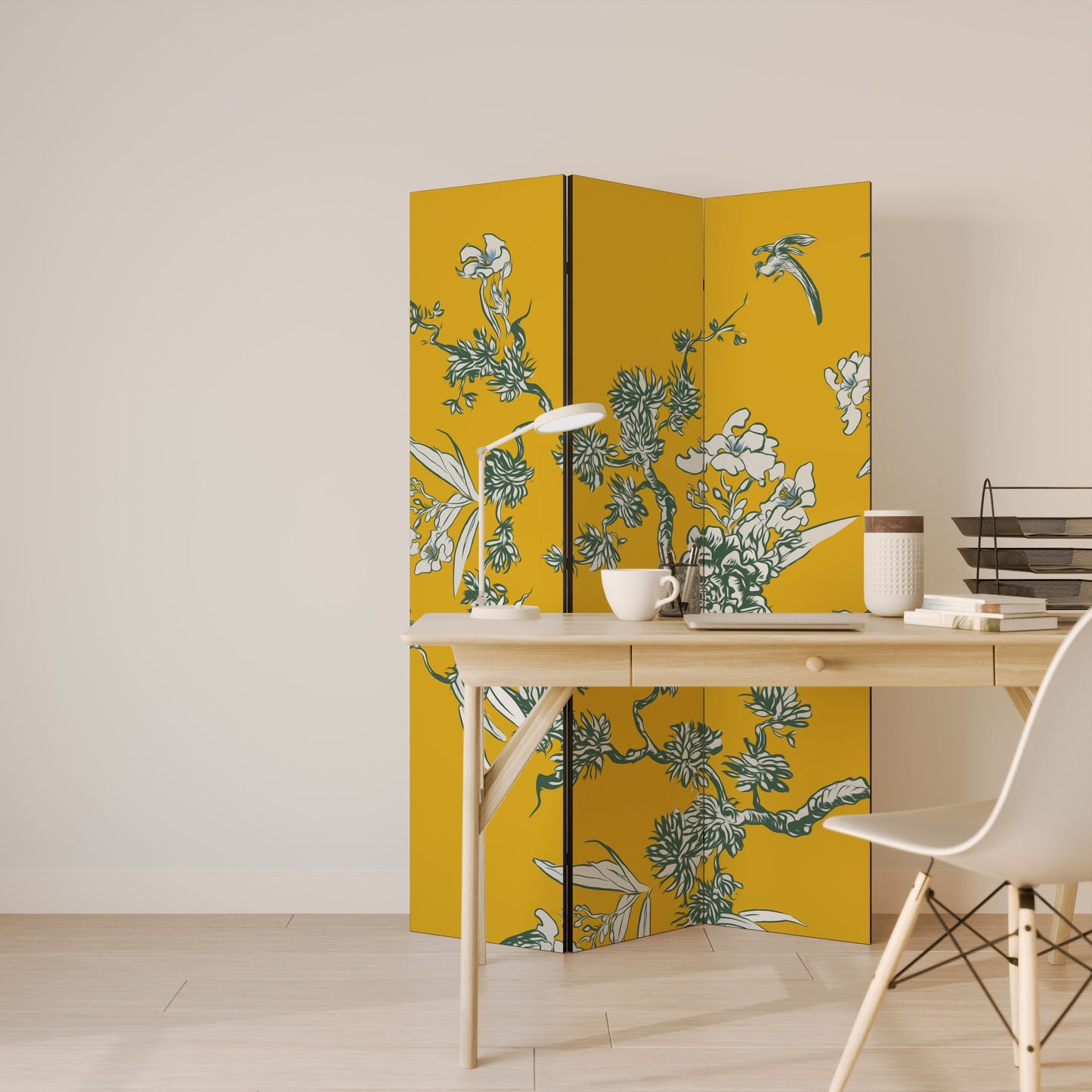 Dekorativ rumsavdelare med 3 paneler i gul CHINOISERIE-stil