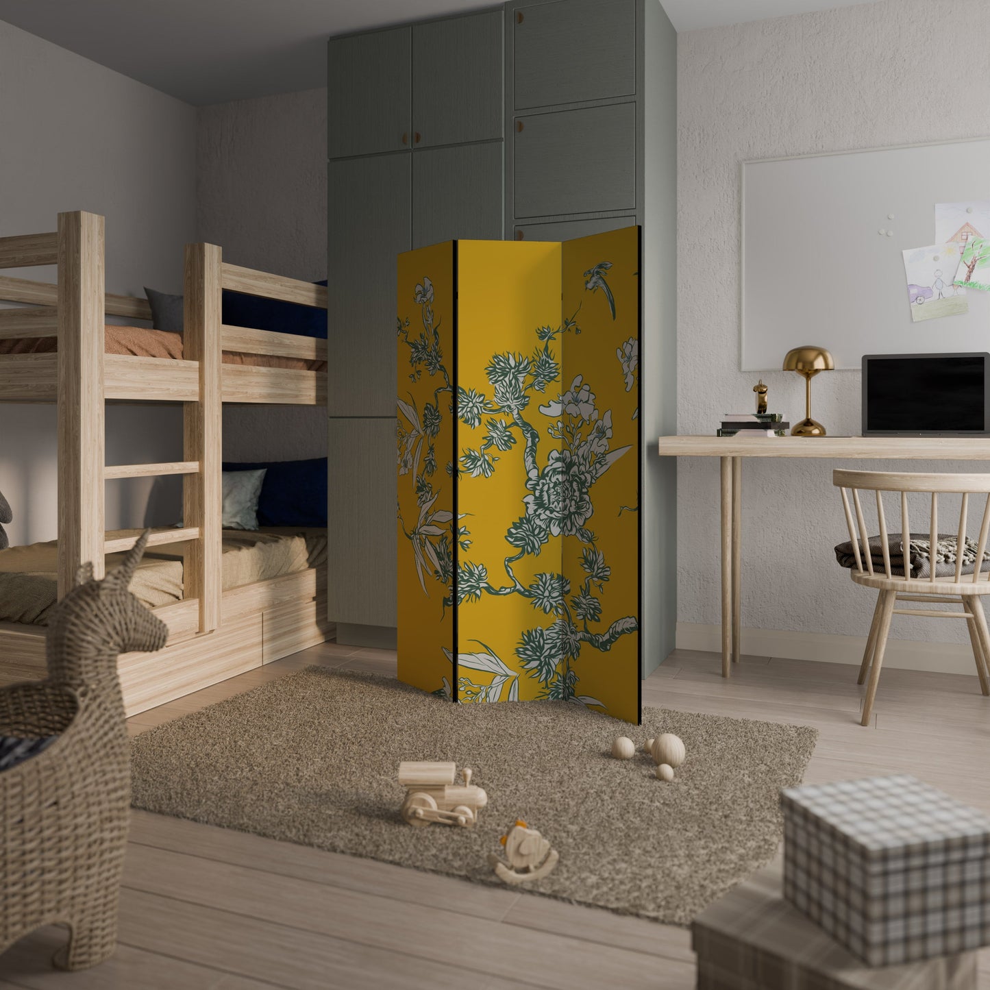 Dekorativ rumsavdelare med 3 paneler i gul CHINOISERIE-stil