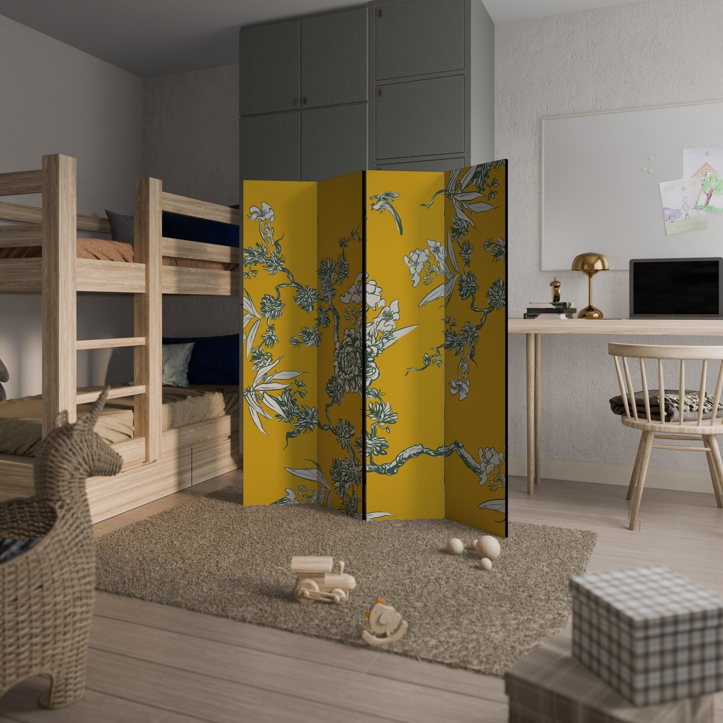 Dekorativ rumsavdelare med 4 paneler i gul CHINOISERIE-stil