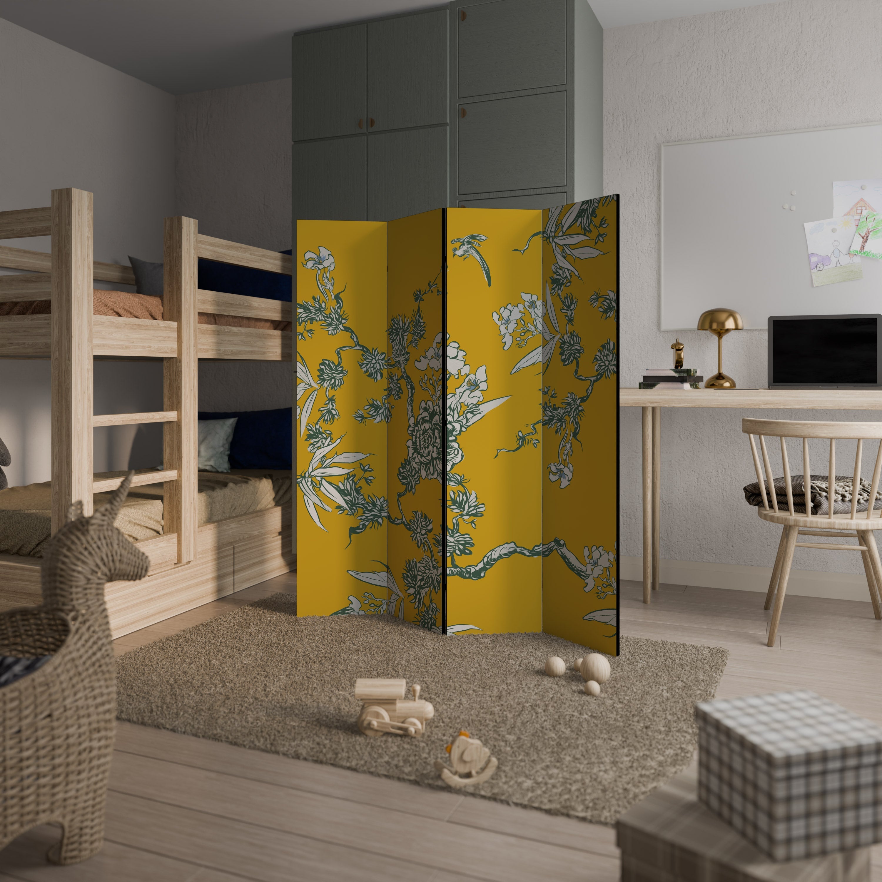 Dekorativ rumsavdelare med 4 paneler i gul CHINOISERIE-stil